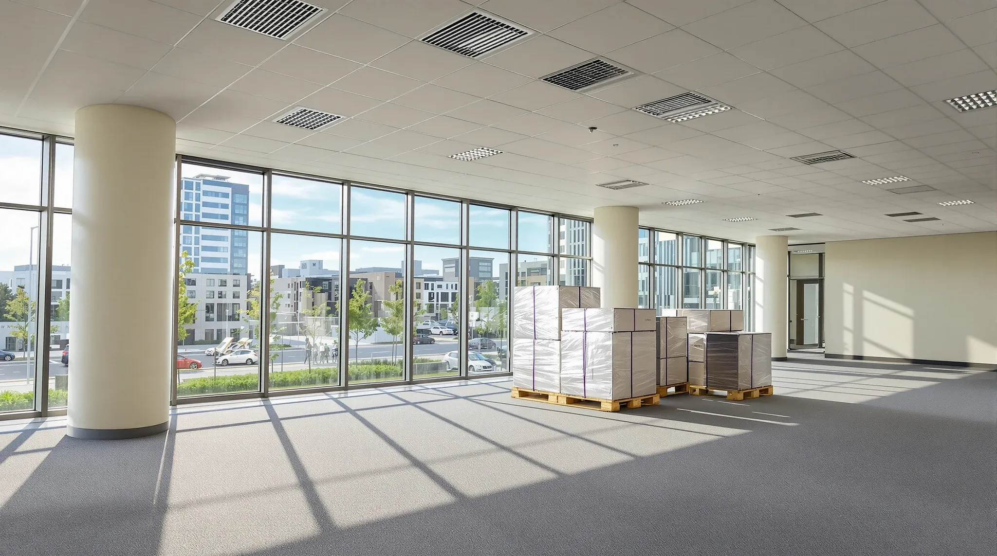 A brand-new office floor with new carpet and ceiling, and wrapped workstations delivered on pallets