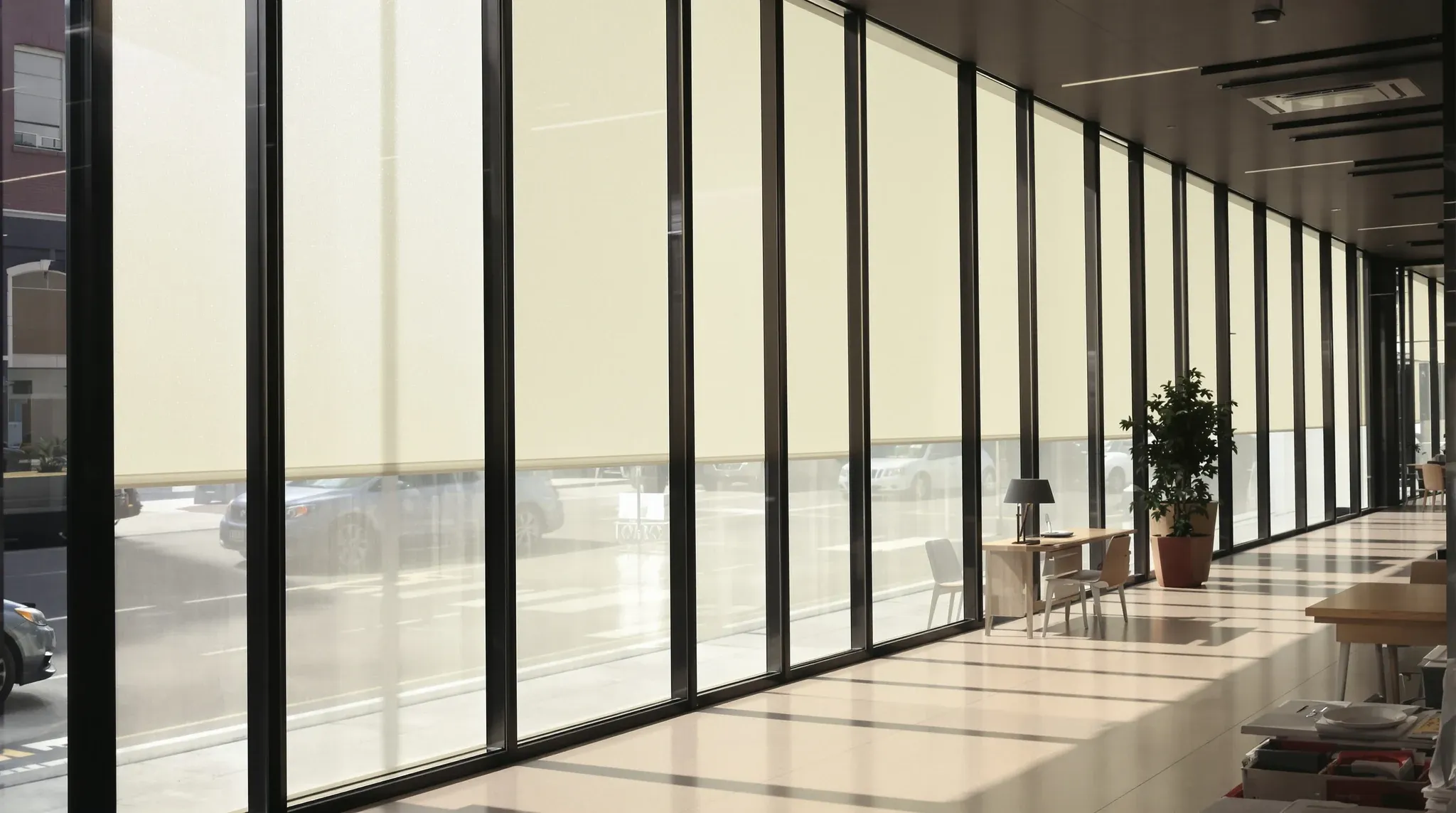 Morning sun through pulled-down blinds along the tall glass front of a real estate agency office