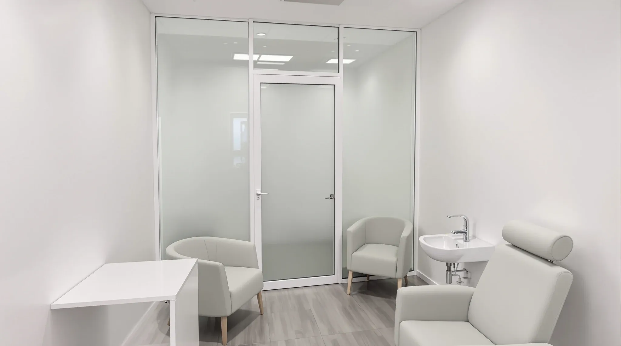 Small private consultation room with a desk, two chairs, a hand basin and a frosted glass door