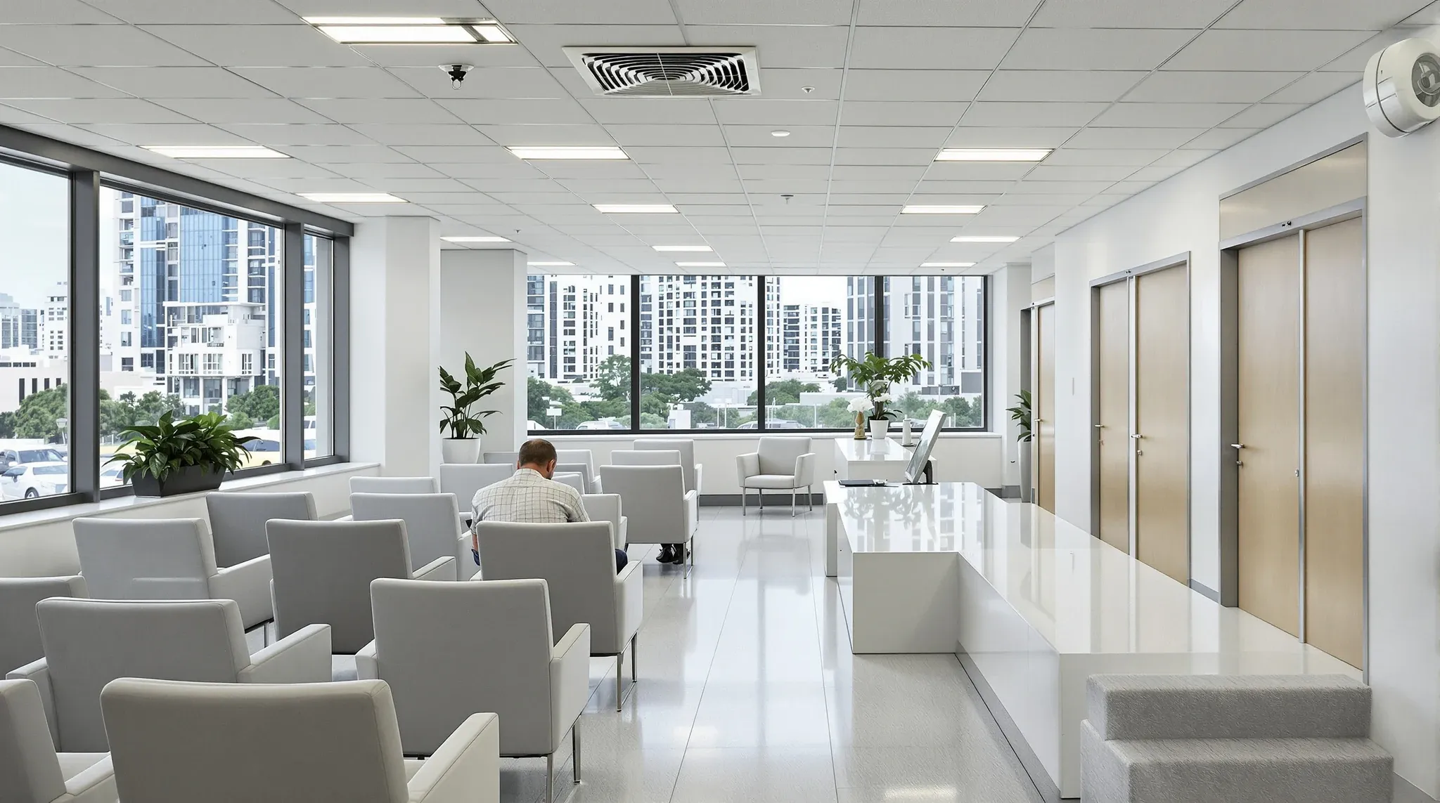 A medical suite waiting room with vinyl floors and consulting room doors