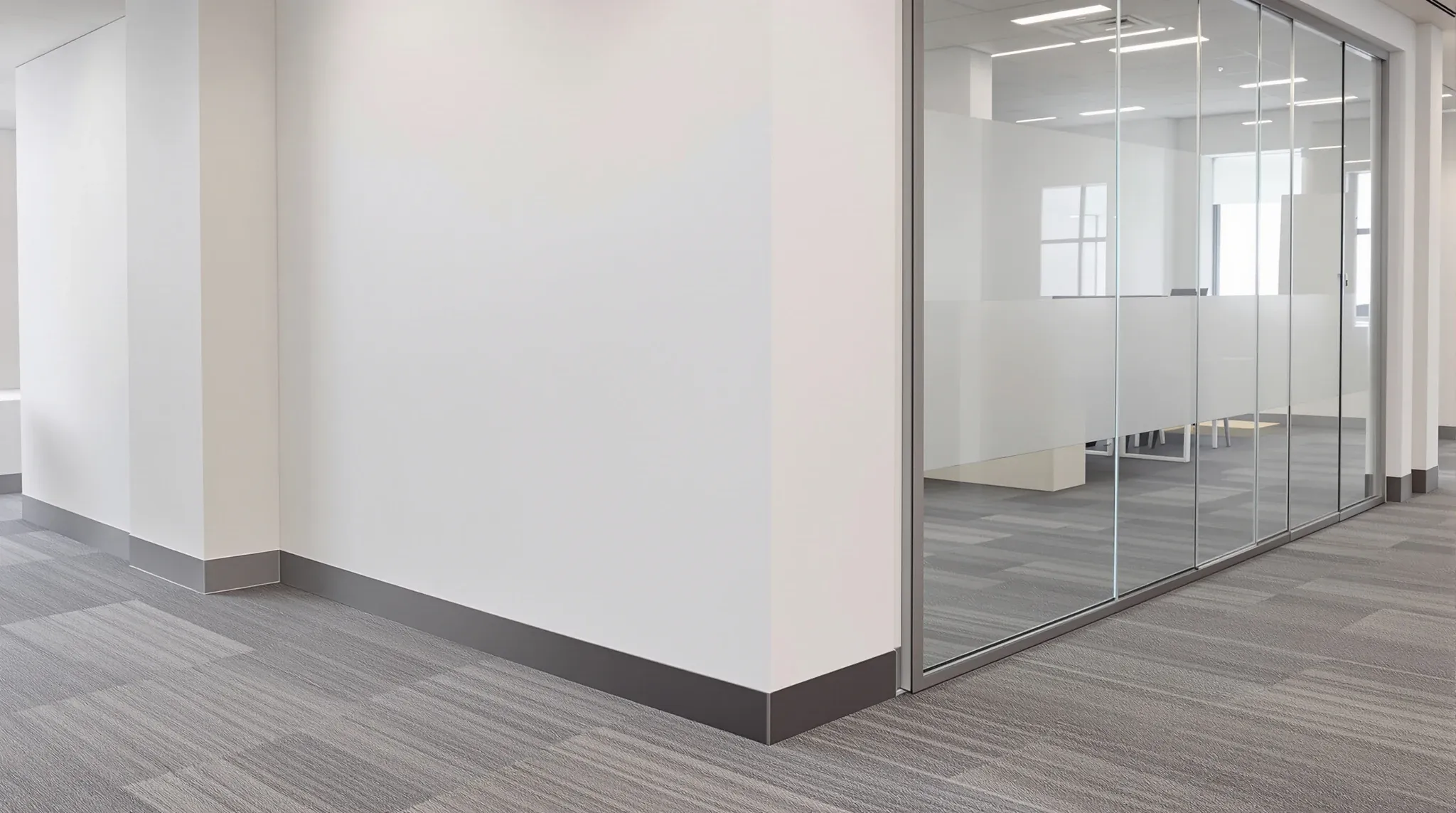 The corner of a finished plasterboard office wall meeting a glazed partition