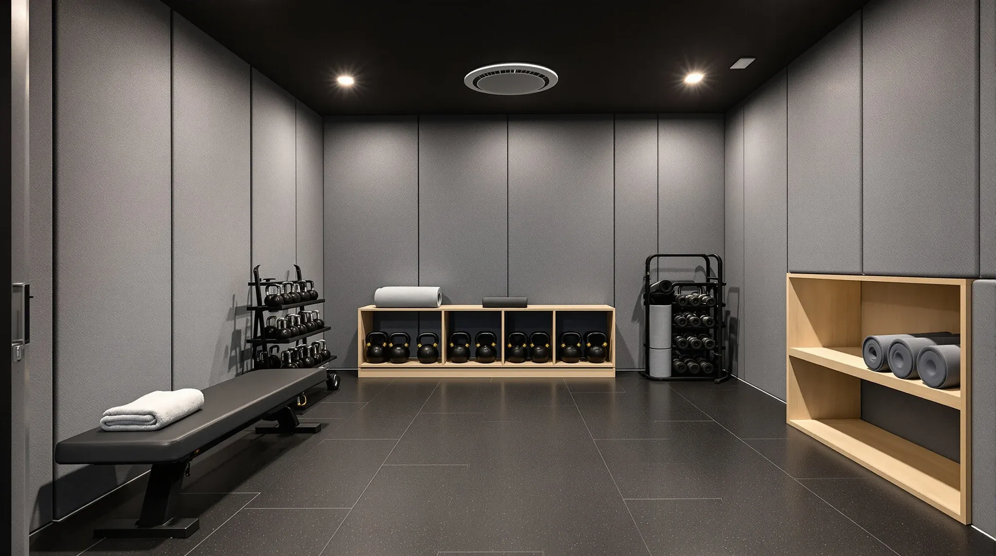A small office fitness room with black rubber flooring, a bench, kettlebells and grey acoustic wall panels