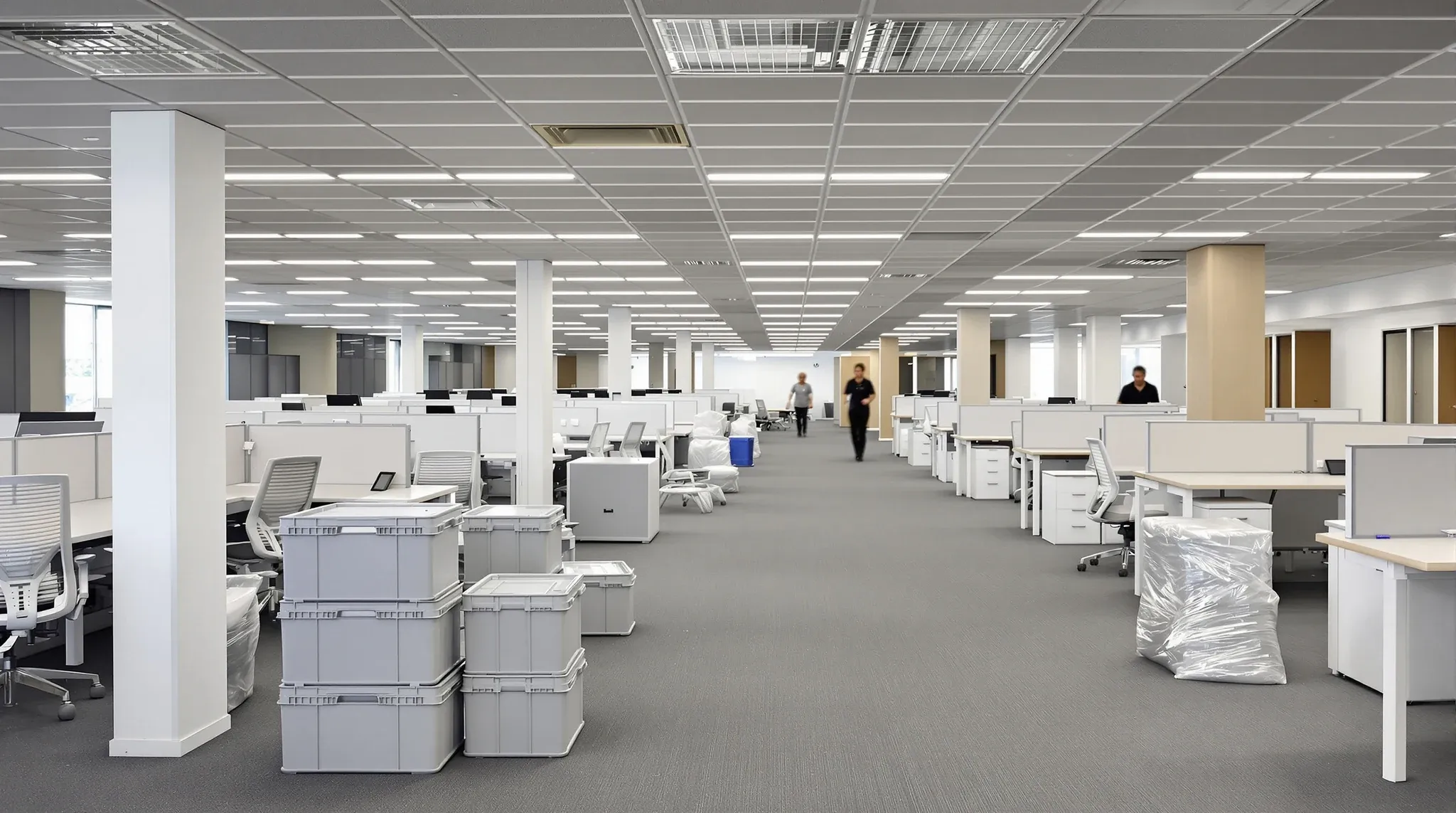 Plain grey moving crates stacked between new desks in an office on move-in day