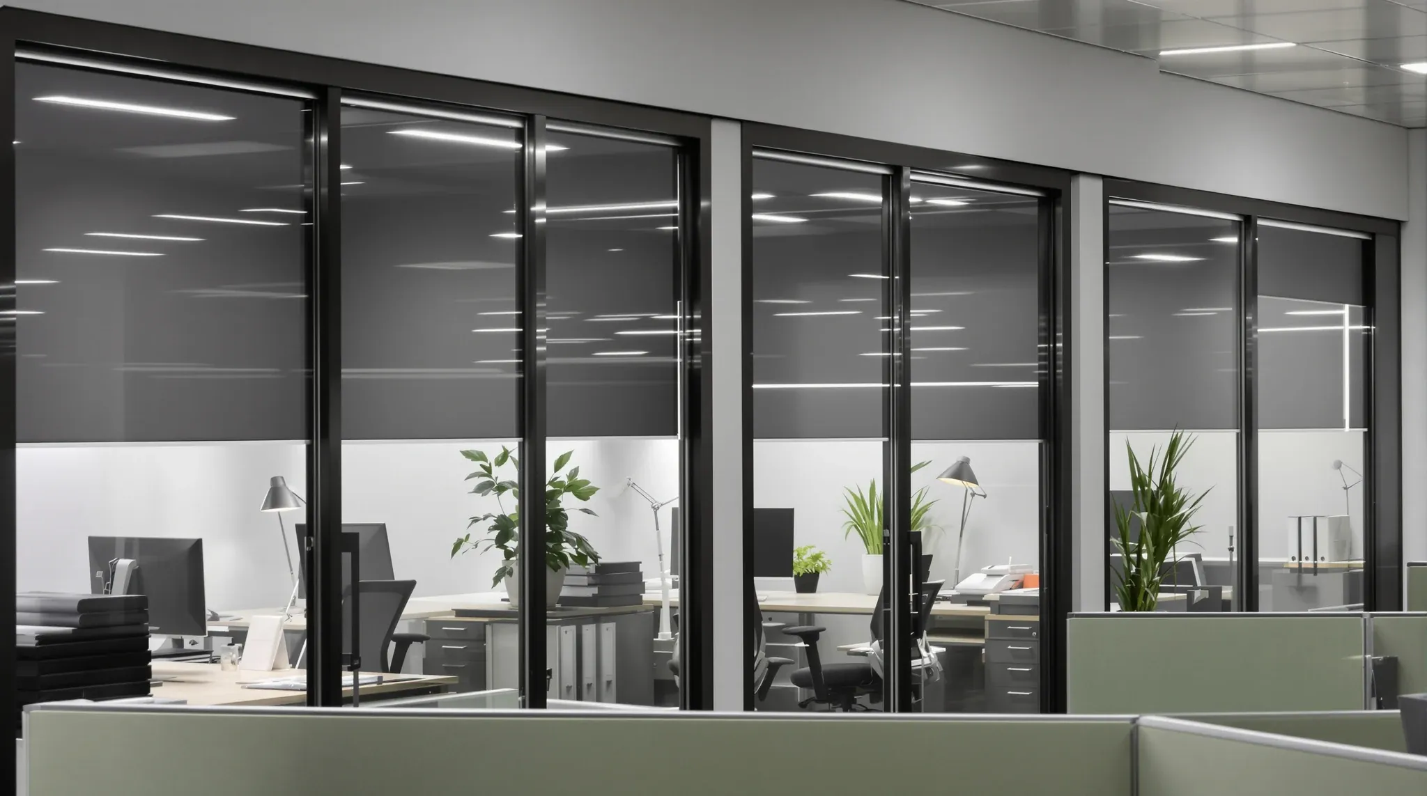 A row of small glass offices with venetian blinds at different heights and ordinary desk clutter