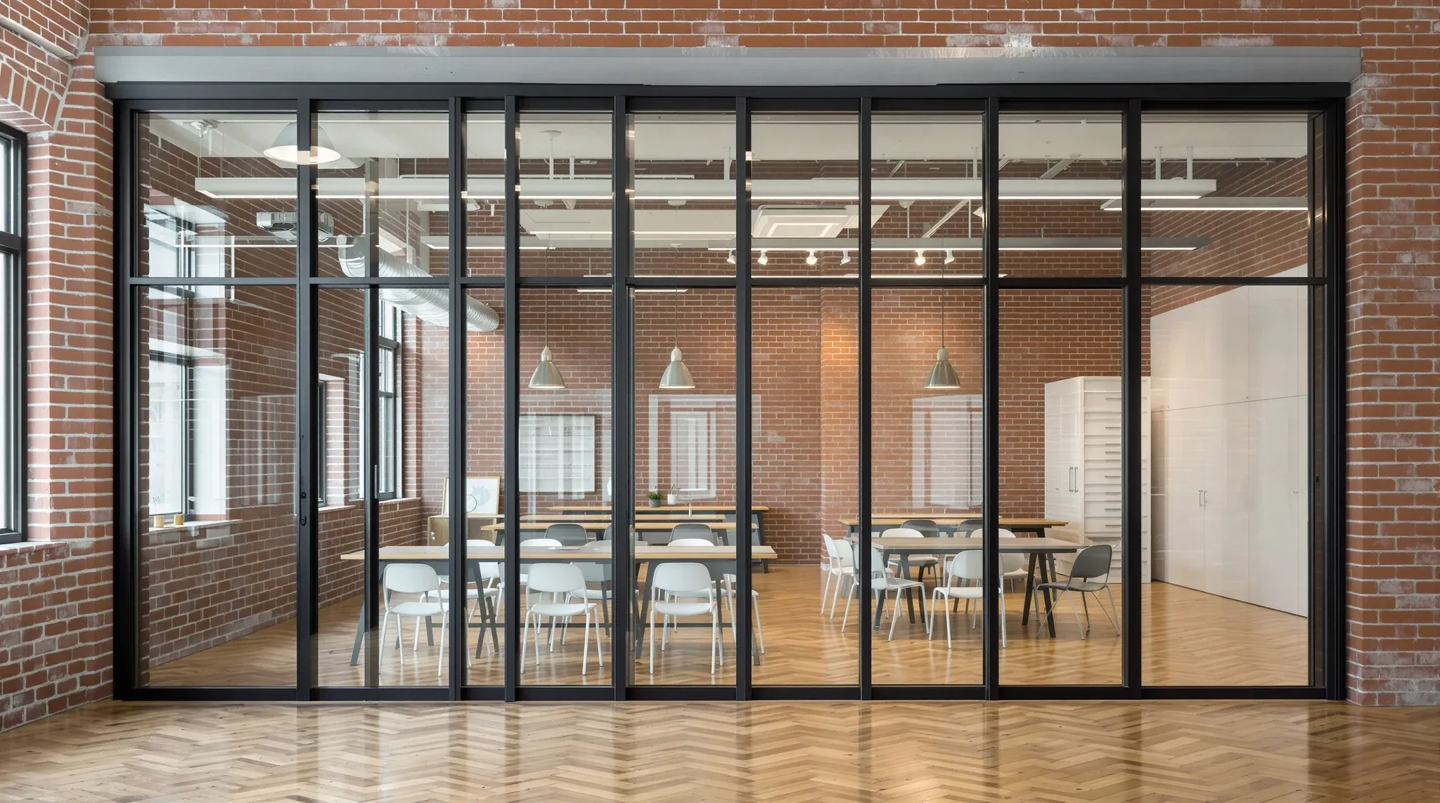 A black-framed sliding glass wall half stacked open in a brick-walled training studio