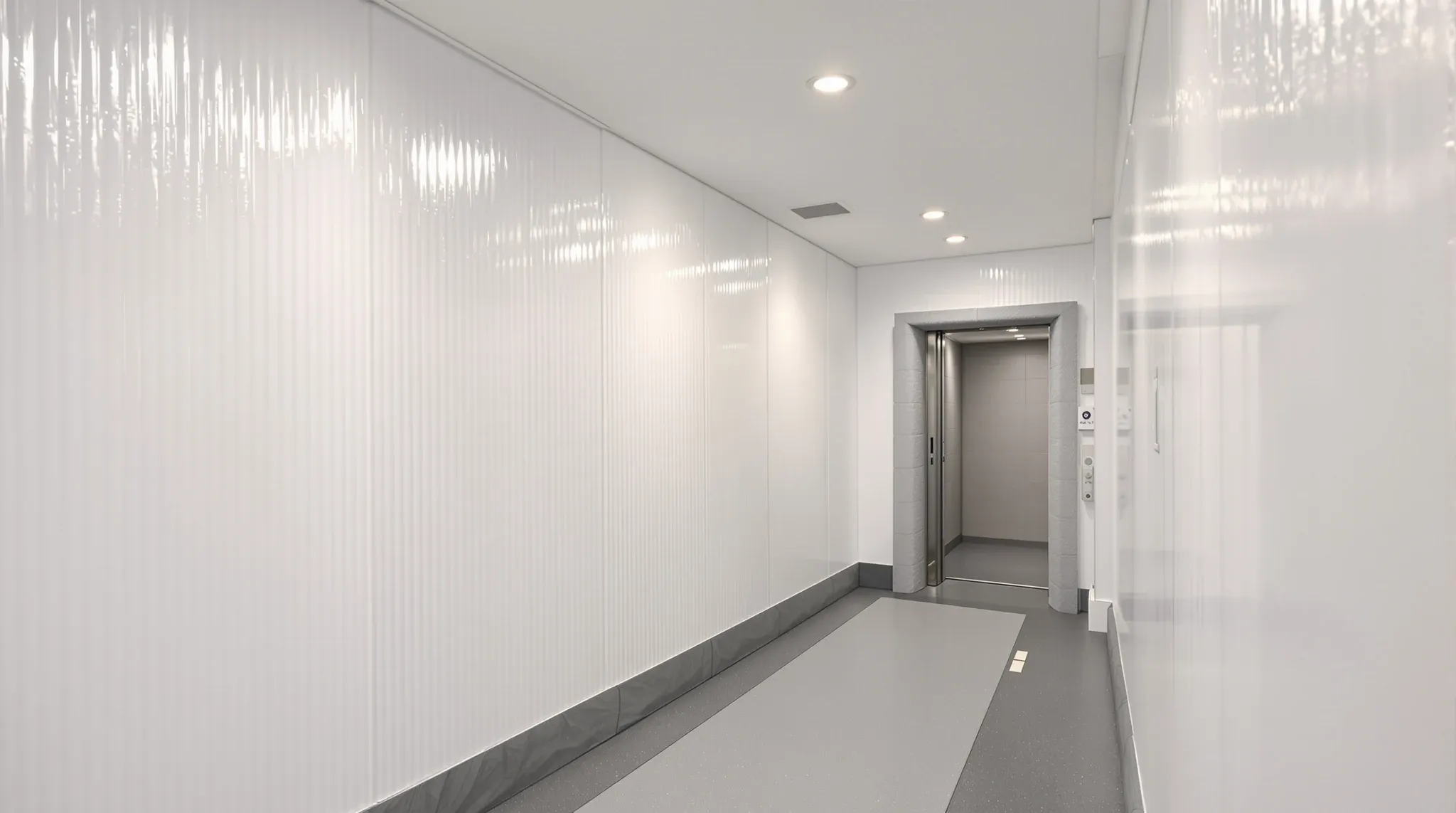 An office building corridor lined with protection sheets and a floor runner for defit works
