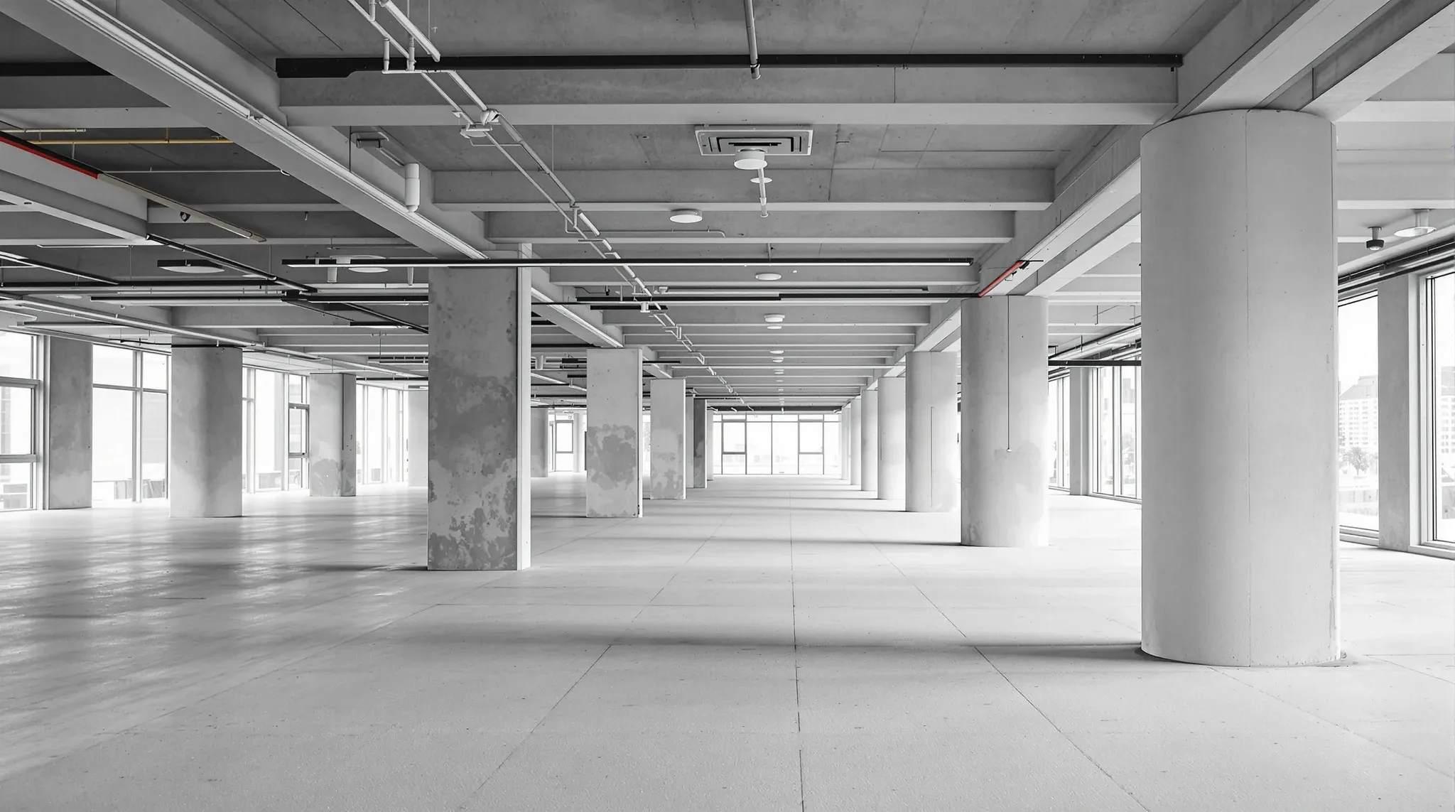 An empty commercial office floor with an exposed concrete ceiling before fitout