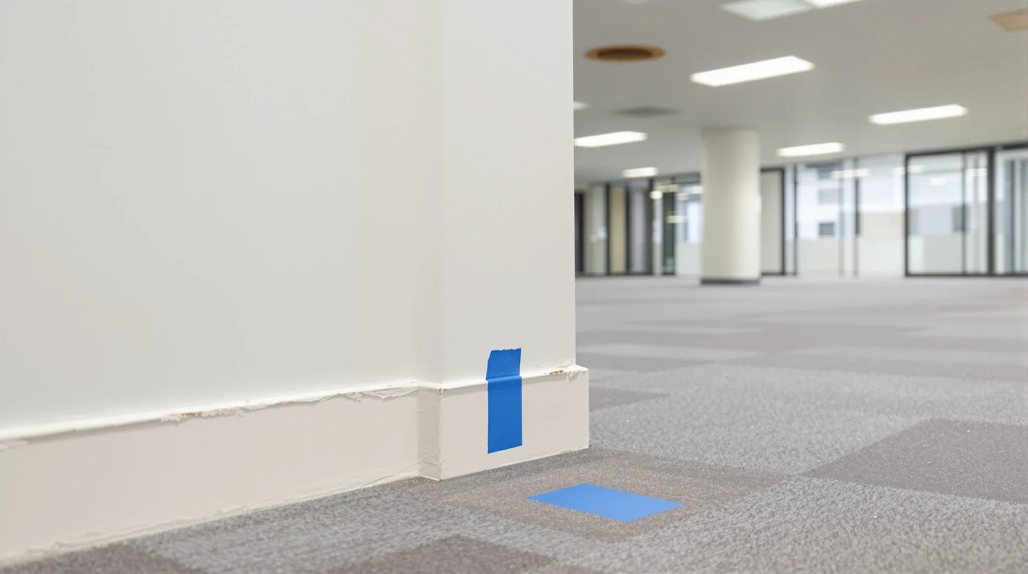 A close view of a scuffed wall corner marked with tape and a stained ceiling tile in an empty office