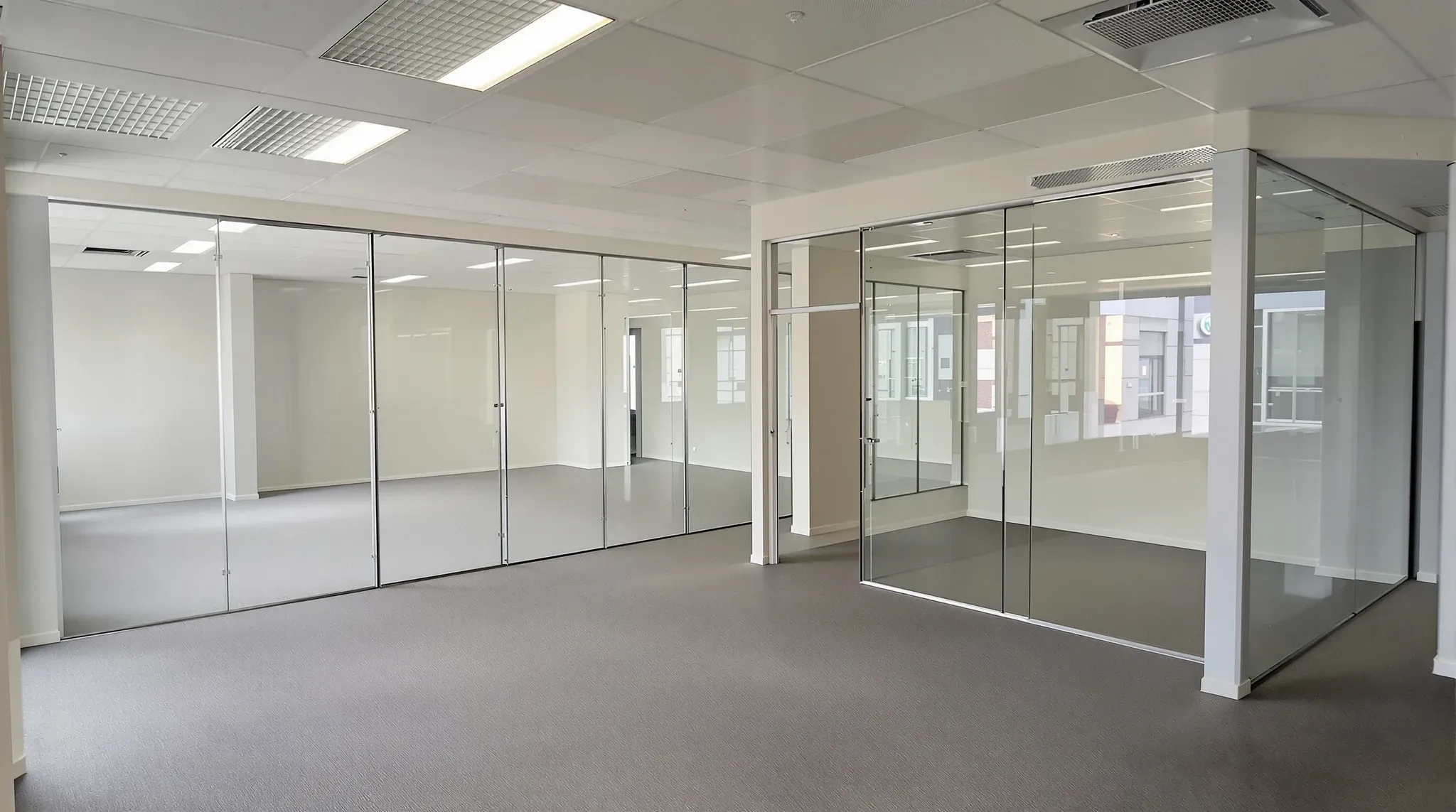 Empty existing fitted office floor with glass rooms and workstations removed, ready for changes