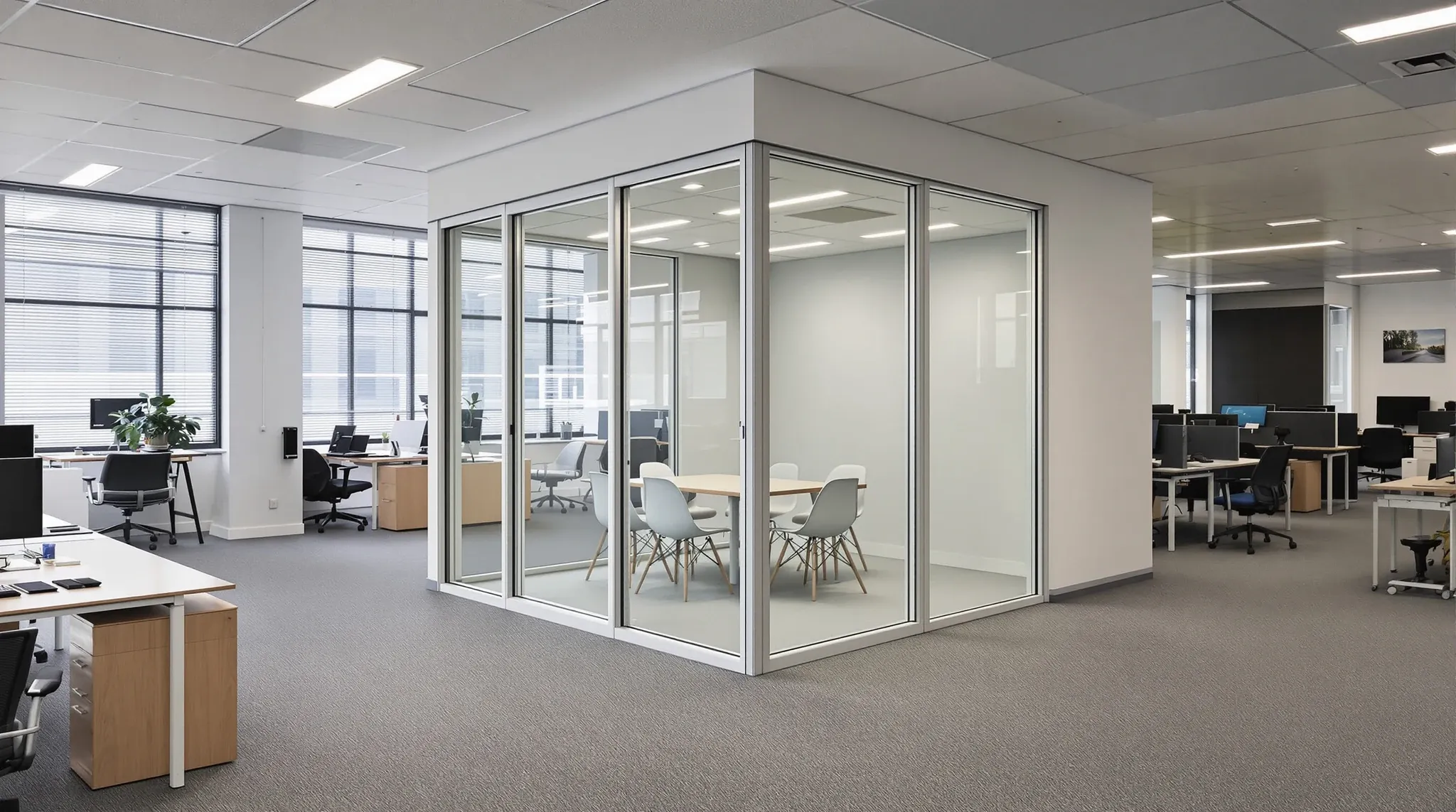 A small single glazed meeting room enclosed within an open plan office floor