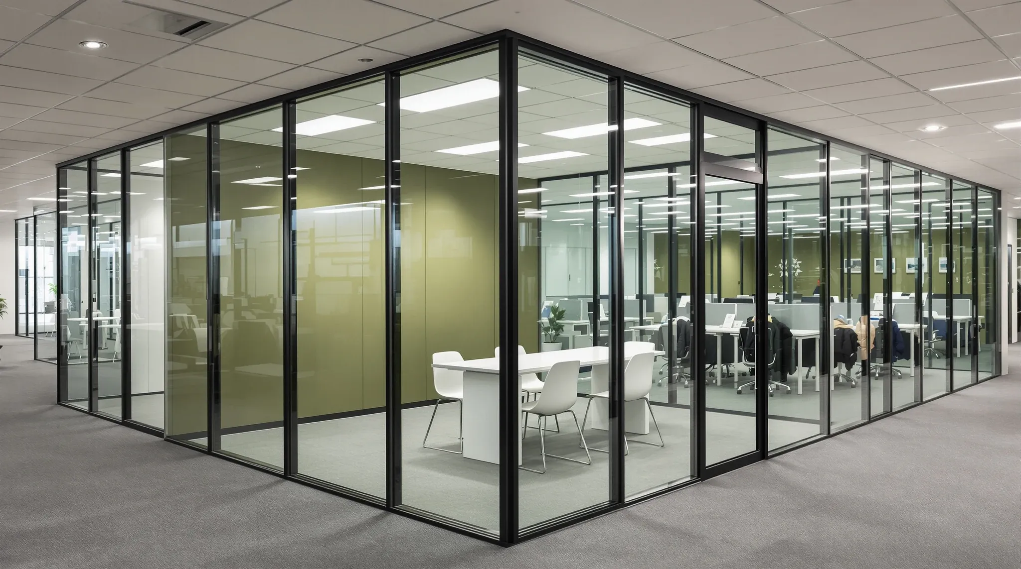 A four-sided black-framed glass meeting room in the middle of an open office, surrounded by desks