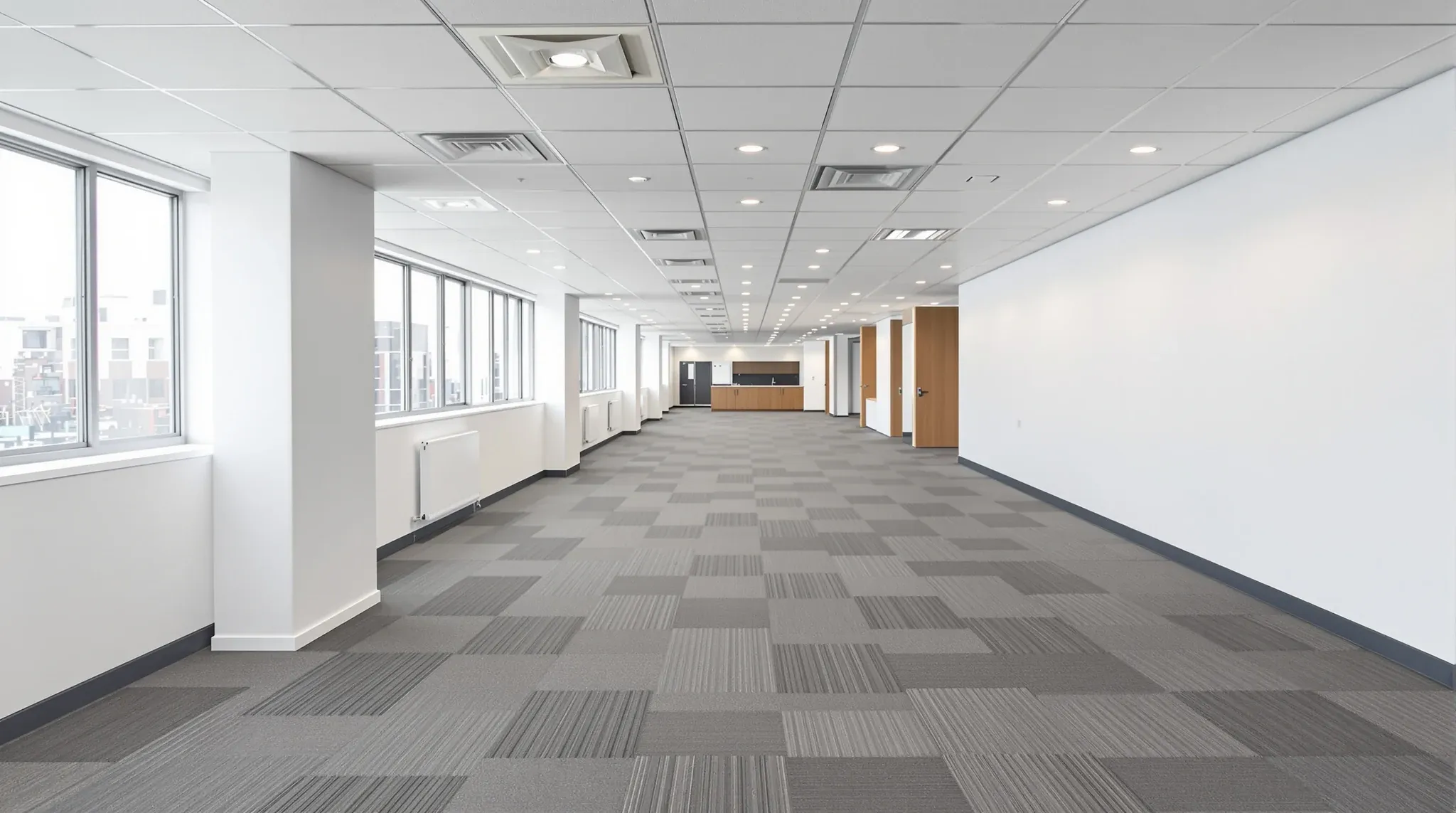 A finished office floor showing ceiling, wall, flooring and joinery trades together