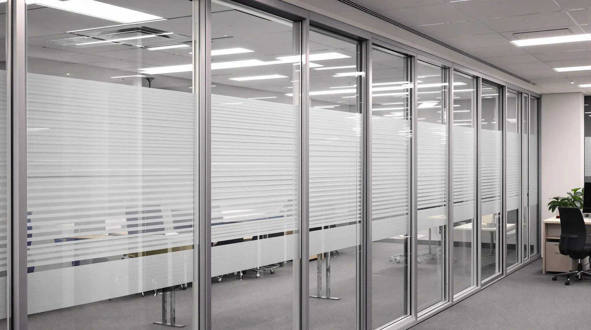 A double-glazed meeting room wall with venetian blinds sealed between the two panes of glass