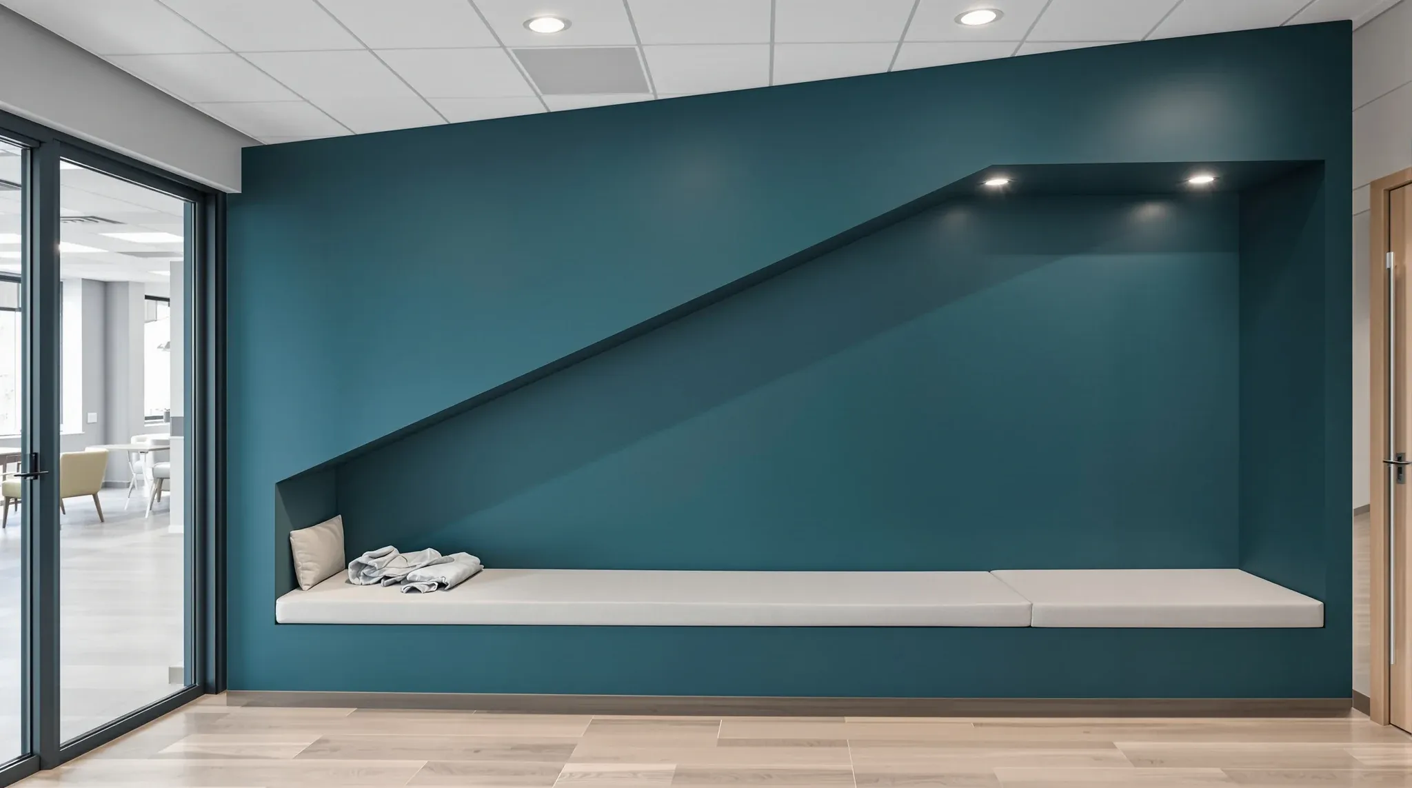 An angled painted plasterboard wall with a built-in bench seat niche in the entry of a small office