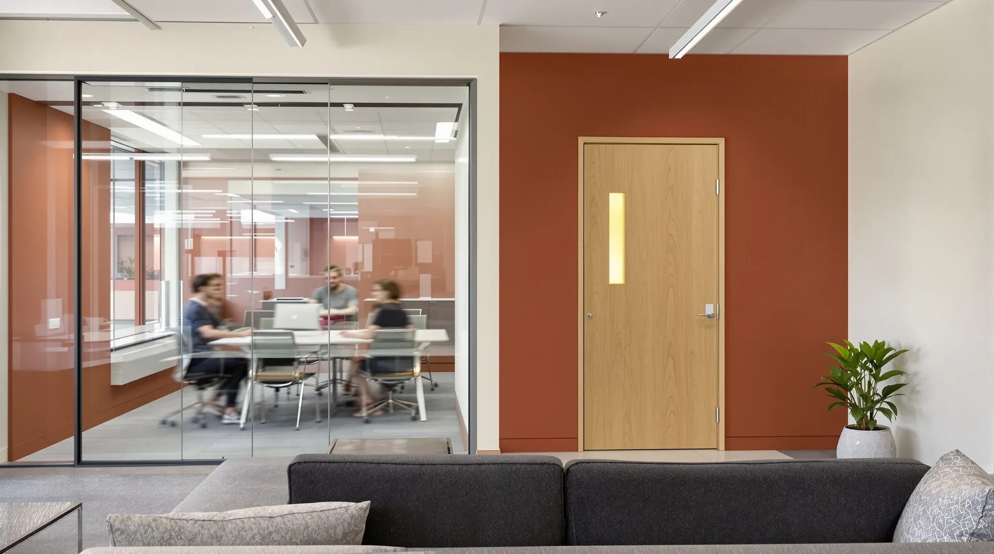 A glass meeting room next to a solid painted meeting room, both in use, seen from a breakout sofa