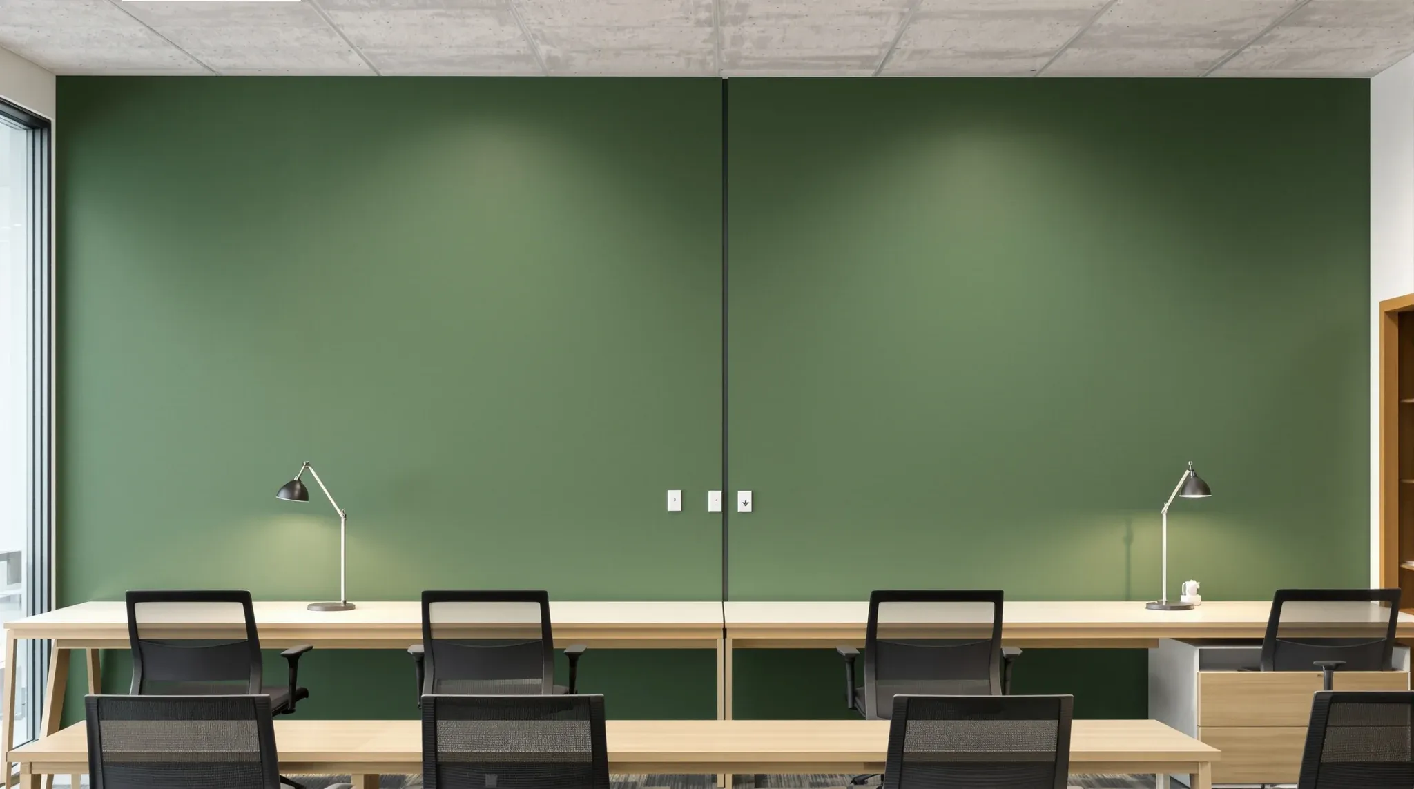 A deep green plasterboard wall rising to a painted concrete ceiling, with a thin shadow line at the top