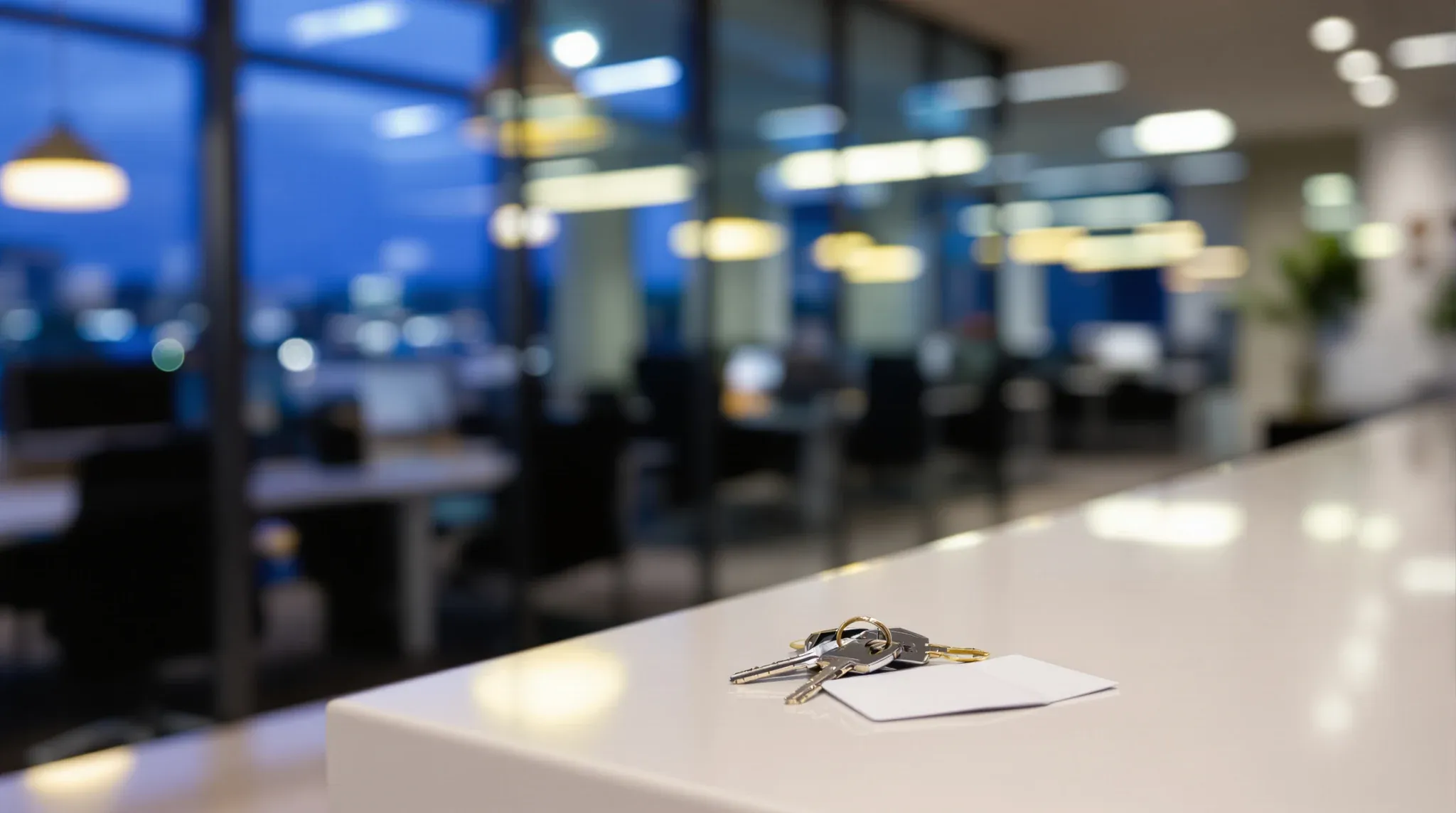 Keys and blank access cards on a new reception counter with the finished office blurred behind