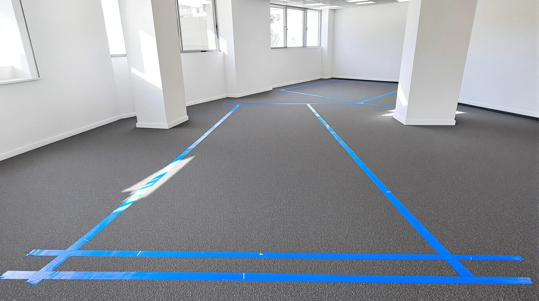 Blue tape on the carpet of an empty office floor marking out a future room and corridor at full size
