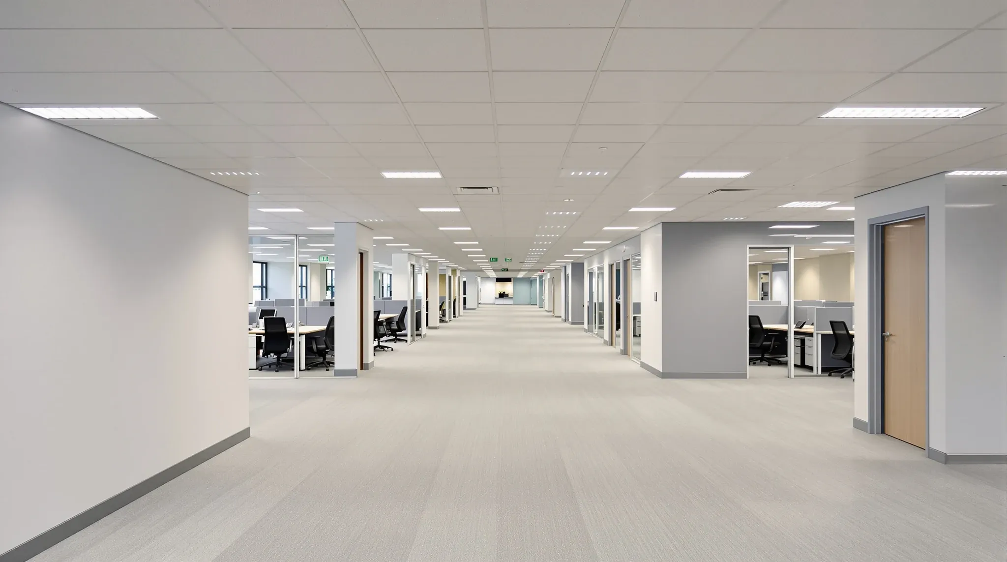 A fitted-out office floor before staff arrive, with wide clear aisles between workstation banks