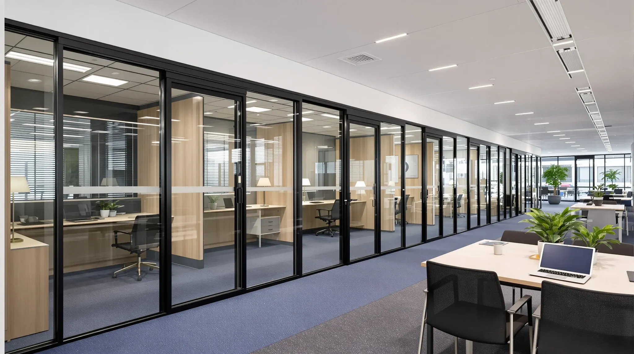 A newly finished row of glass offices in a staff office, furnished and ready for the first day