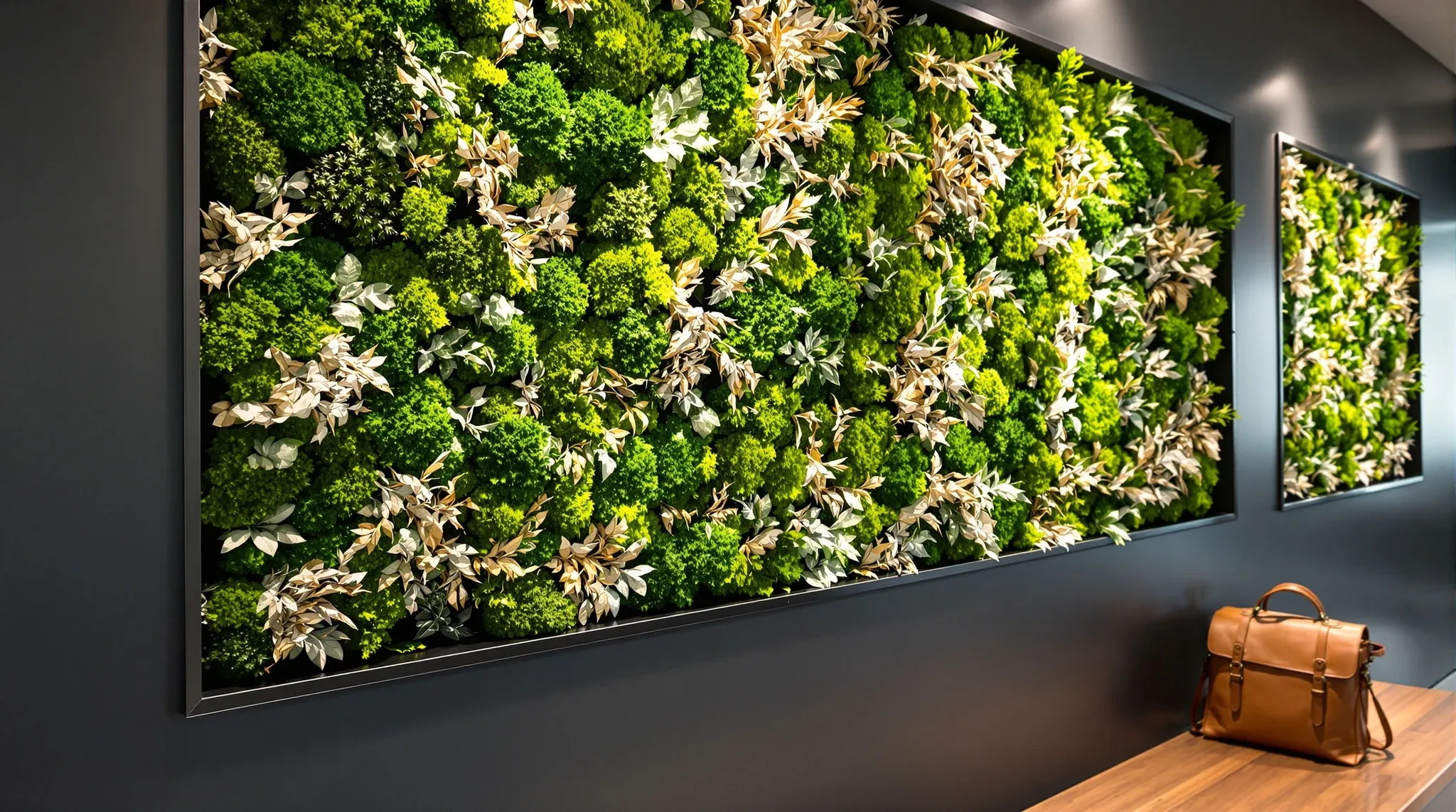 A preserved moss wall set into a charcoal reception wall under a spotlight