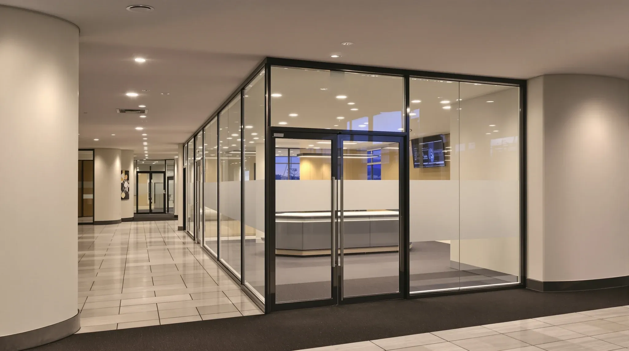 A glass tenancy entry wall seen from a shared building corridor at dusk, the floor finish changing at the door