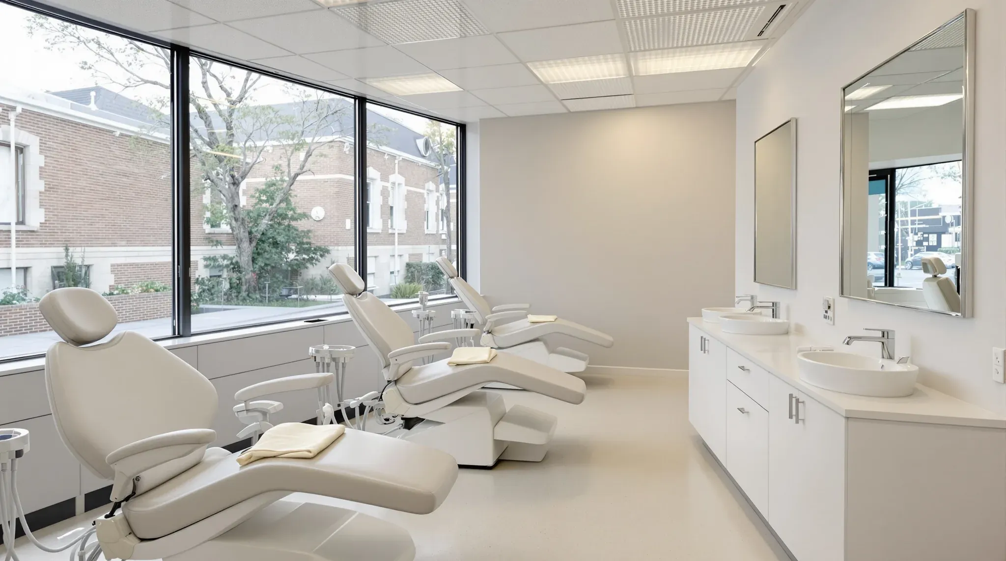 Open-bay orthodontic clinic with patient chairs along a window wall and a counter of basins with mirrors
