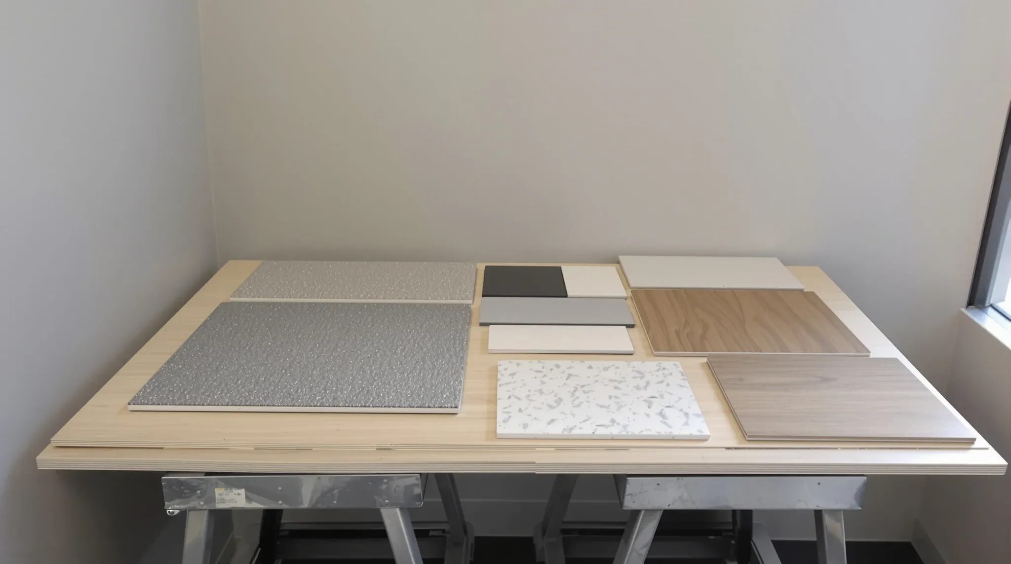 Carpet, laminate, fabric, stone and timber samples laid out on a plywood table at an office fitout