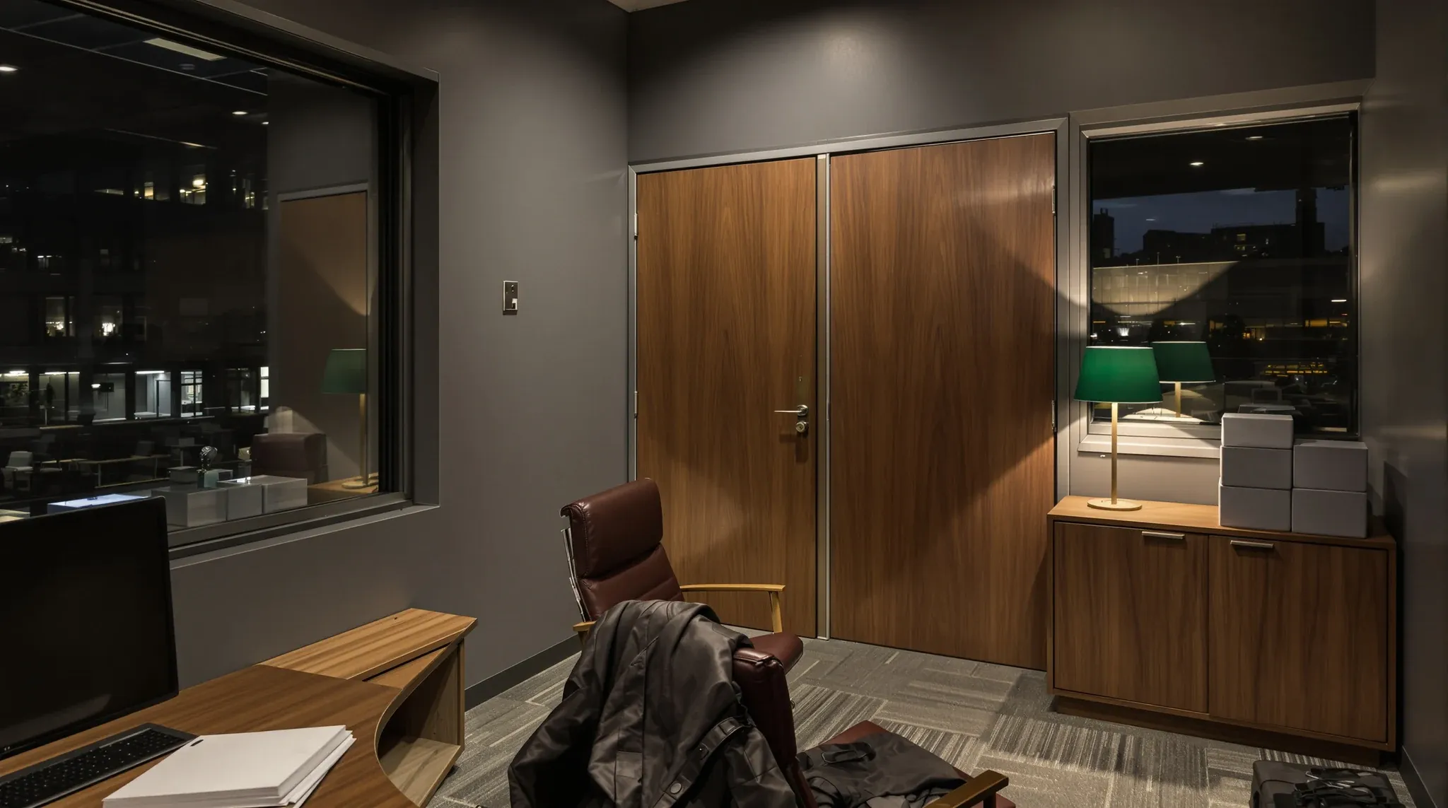 A solid-walled partner office at night with a desk lamp on and the door closed