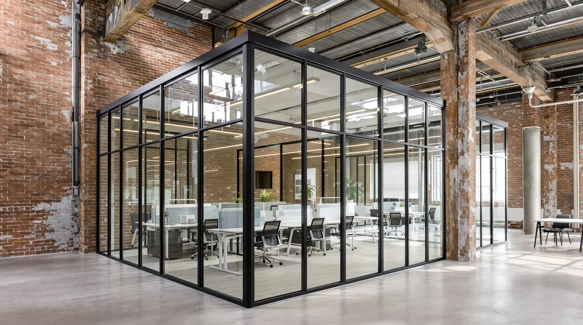 A glass walled office room standing between timber posts in a converted warehouse