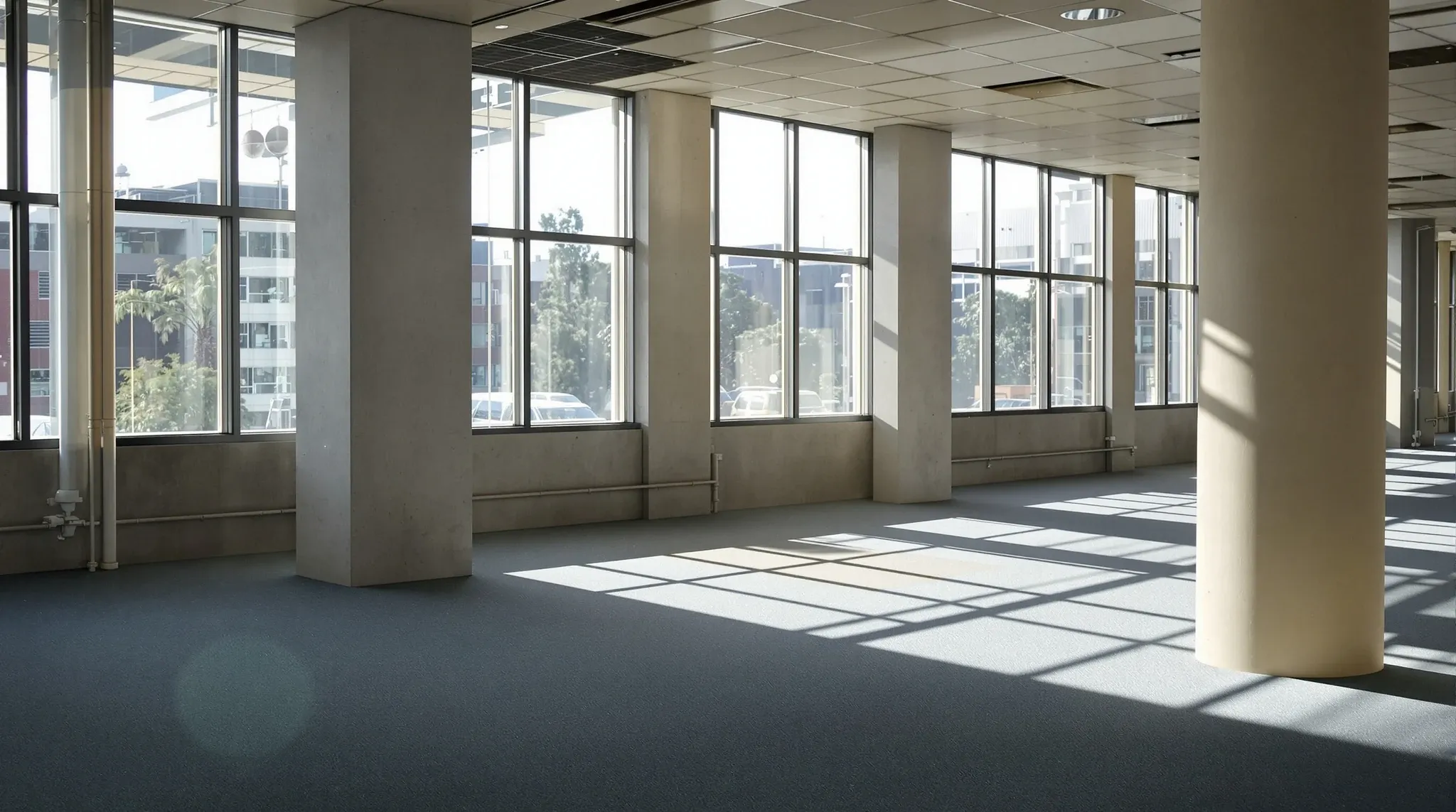 A vacant office floor with strong afternoon sun pouring through uncovered windows across the carpet