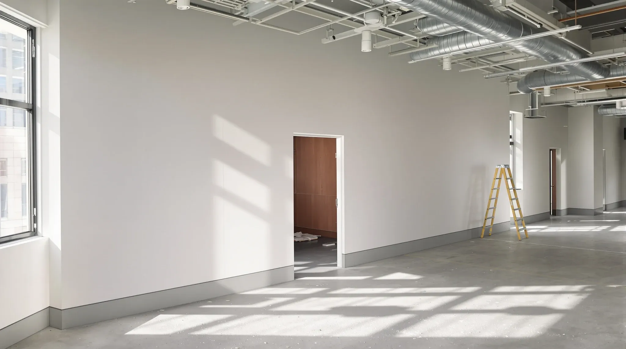 A newly built plasterboard demising wall with a single door dividing an office floor into two tenancies