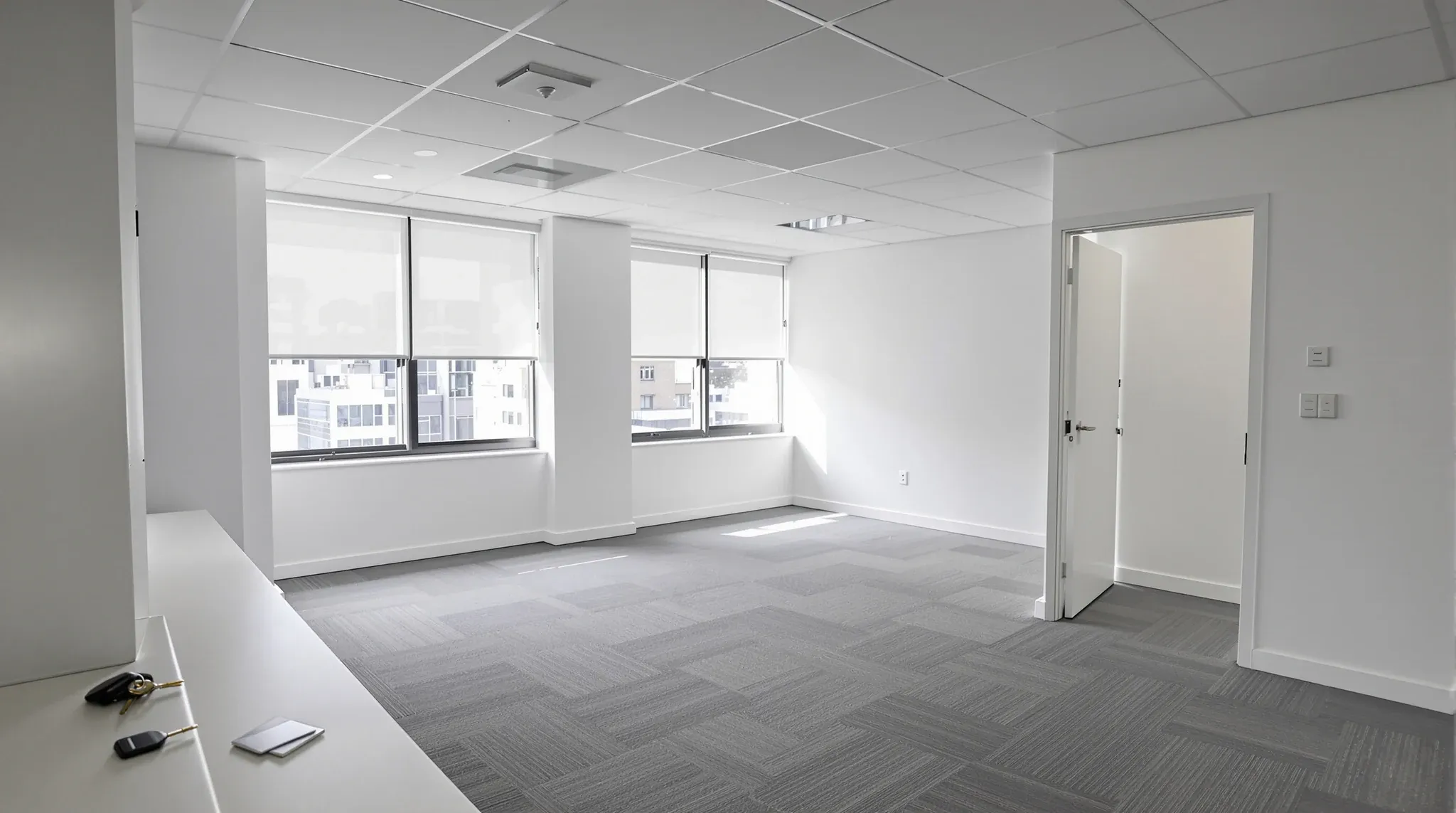 Keys and access cards left on the windowsill of a clean, empty office suite handed back at lease end