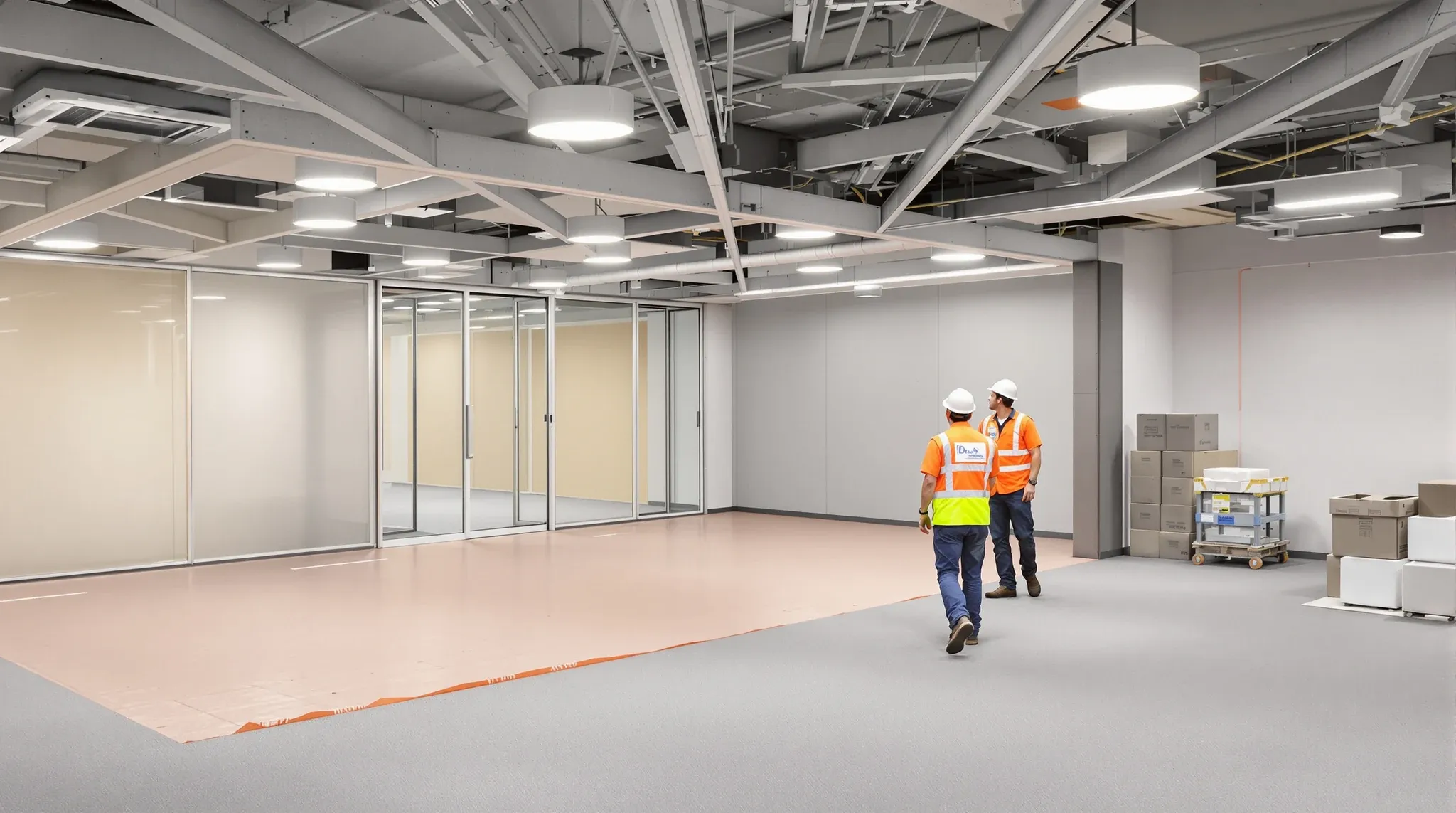 Tradespeople reviewing a screened-off section of a commercial fit-out mid works
