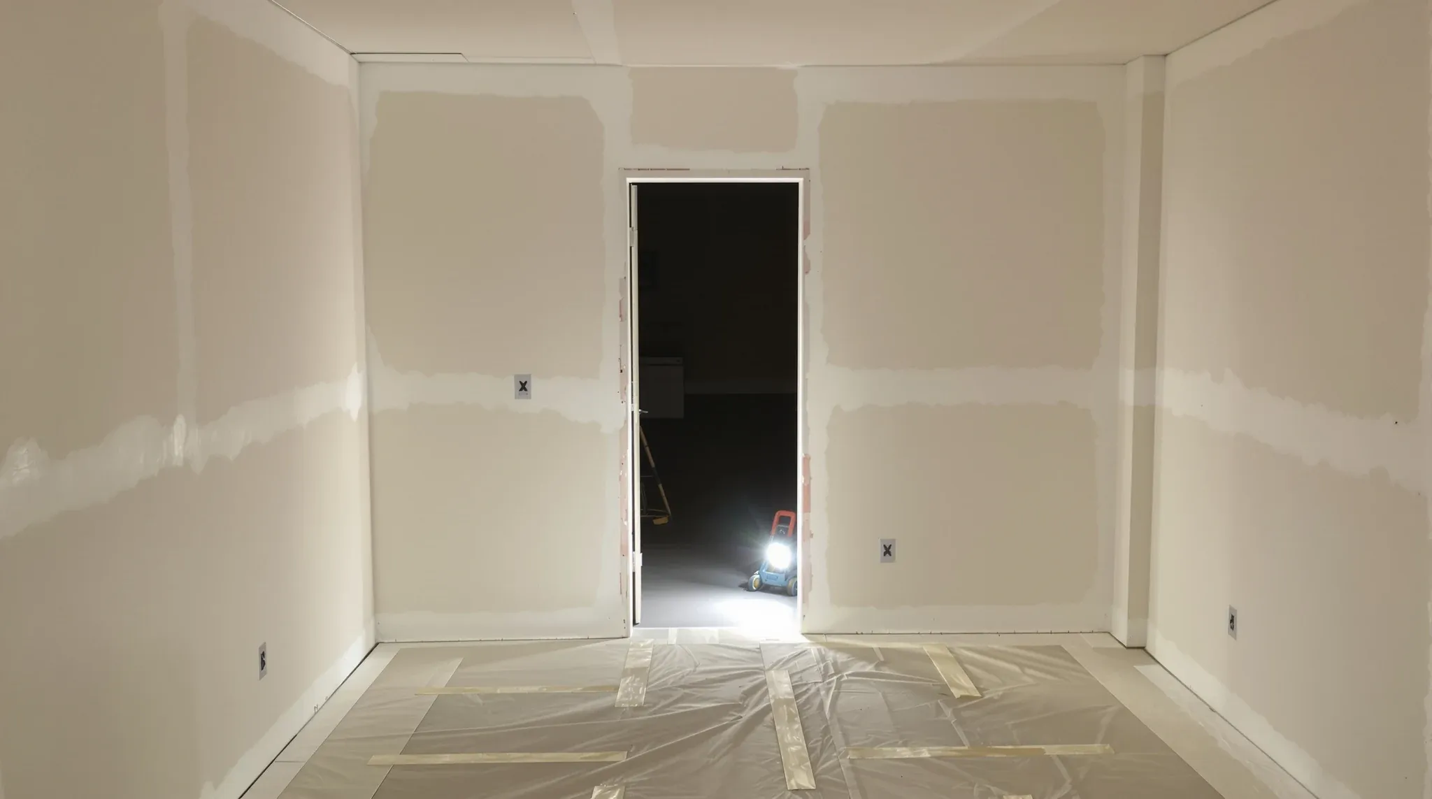 A newly sheeted plasterboard room with sanded joints, drop sheets and dust hanging in a work light beam