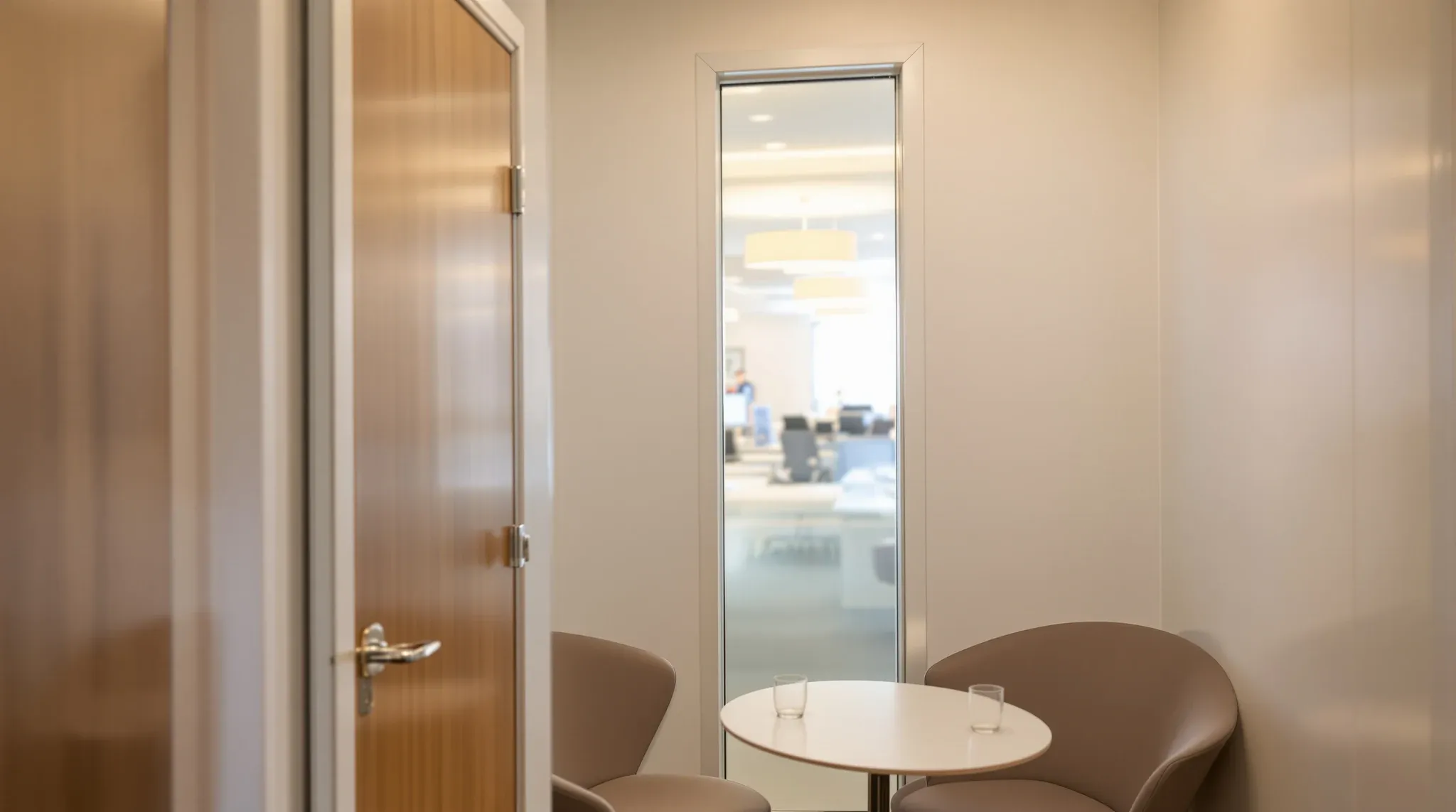 Inside a small plasterboard interview room looking out through a frosted glass sidelight beside the door