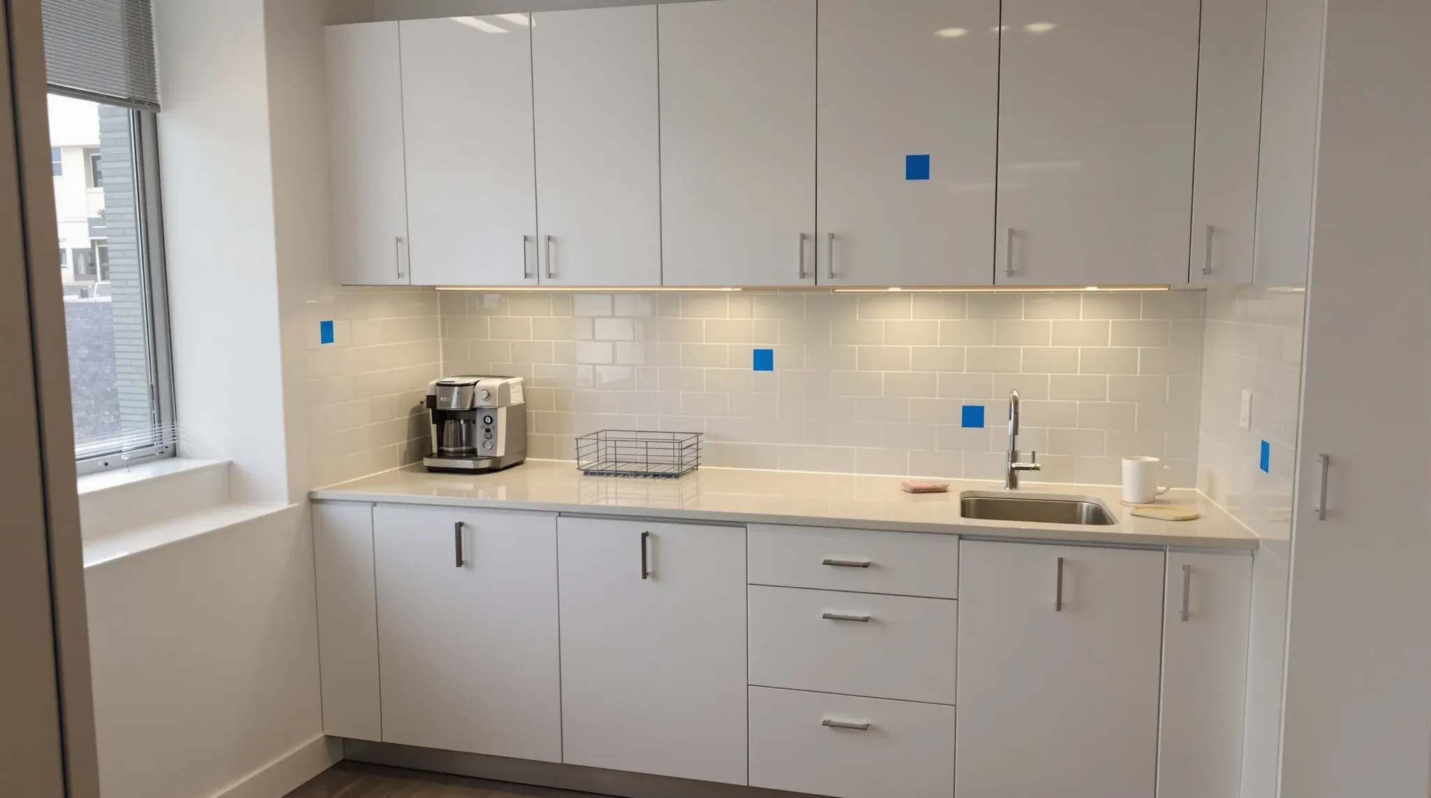 Small squares of blue tape marking minor defects on an office kitchenette bench and cupboards