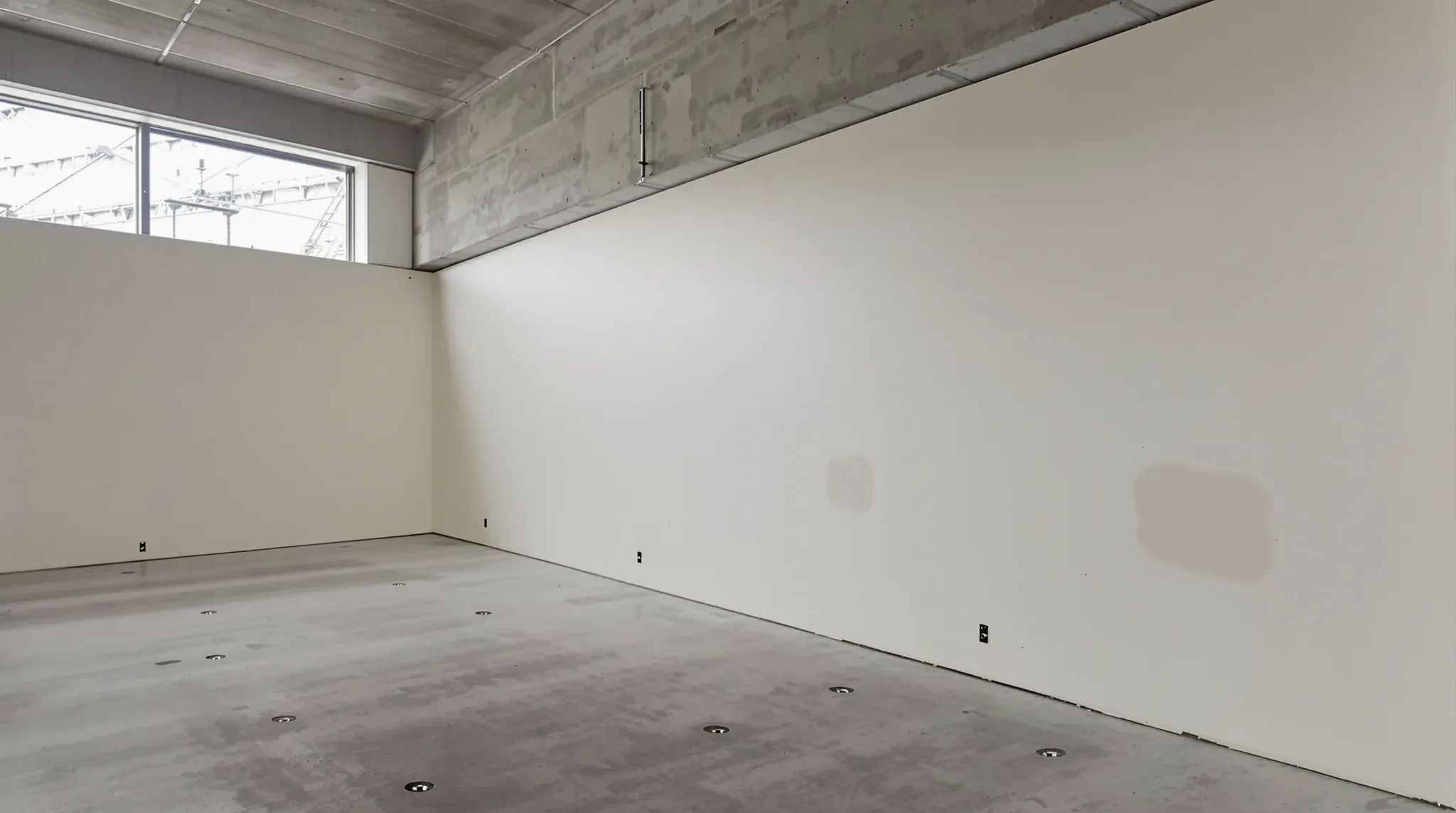 Empty former gym after make good, with patched walls, a bare slab with filled anchor holes and high windows