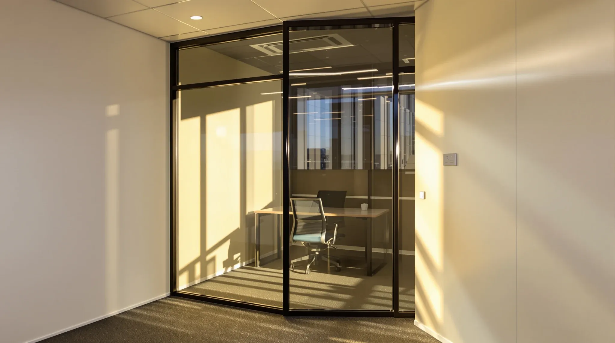 Late sun reaching deep into a formerly dark internal office through a new full-height glass wall