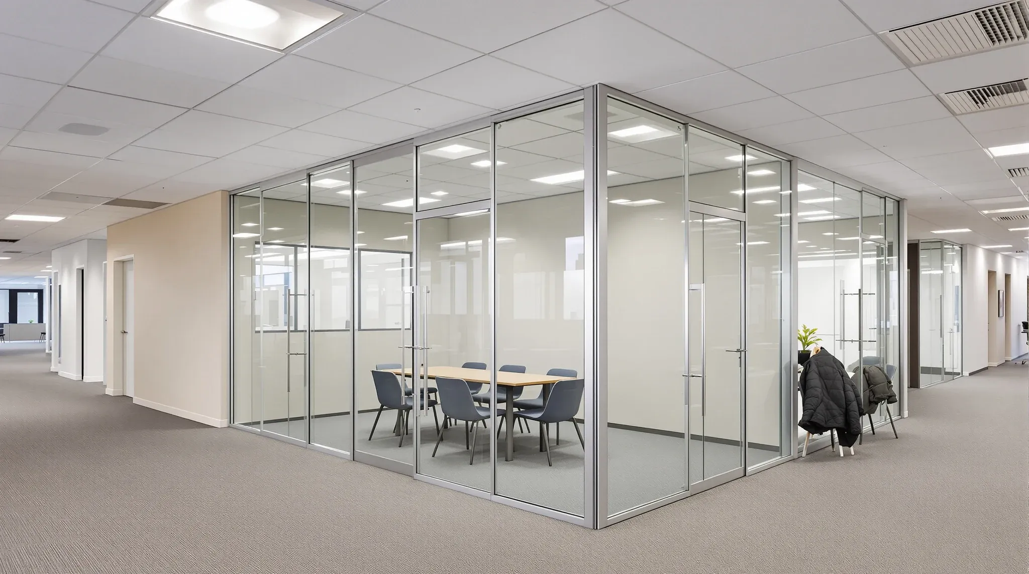 A glass meeting room front that meets a painted wall at one end and turns a glass corner at the other