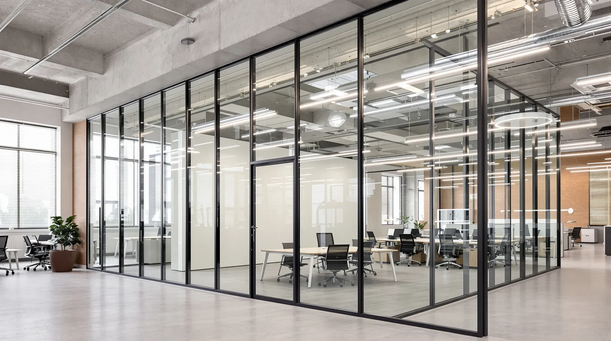 A full height glass partition rising to an exposed soffit in a warehouse office
