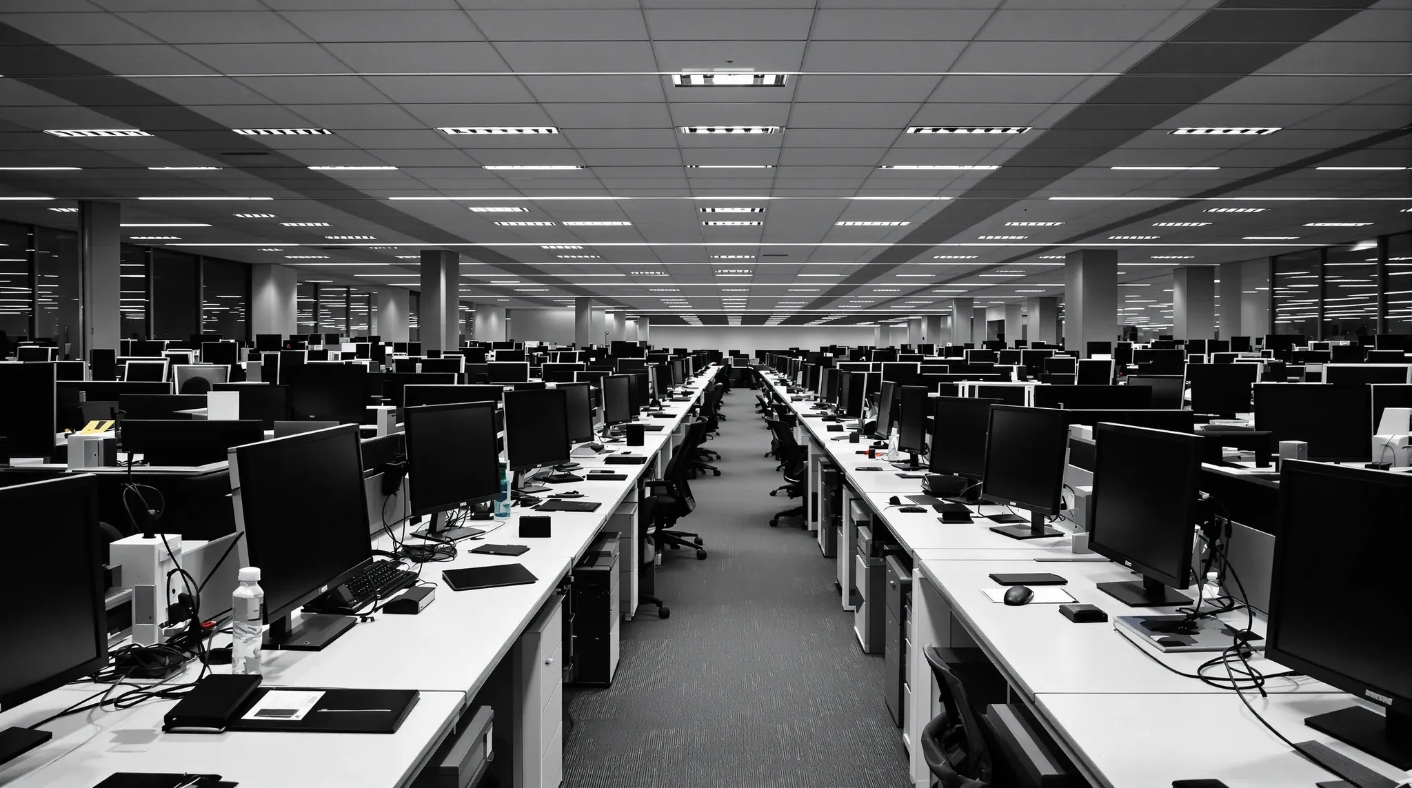 A narrow aisle between tightly spaced office desks in the evening
