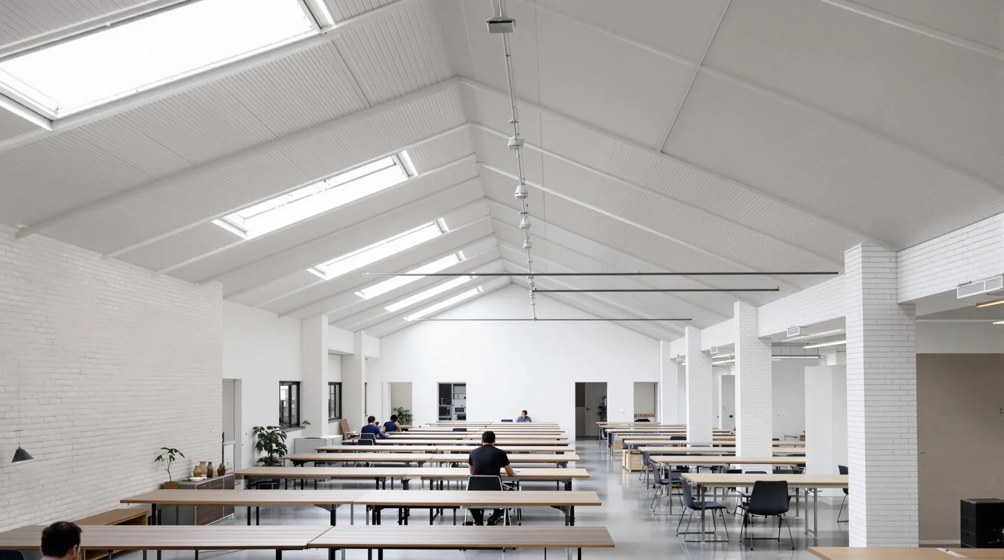 A converted sawtooth-roof factory with desks under strip skylights and plasterboard rooms along one wall