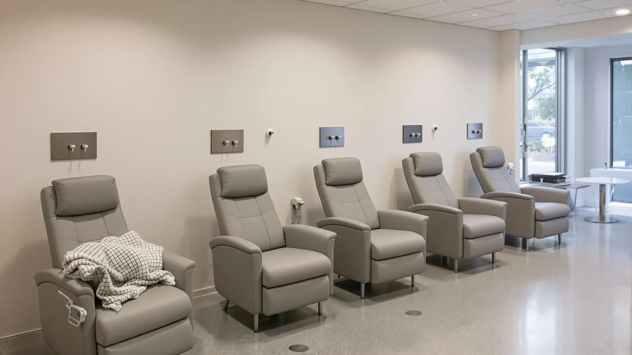 Dialysis treatment area with a row of recliner chairs and water outlet plates on the wall behind them