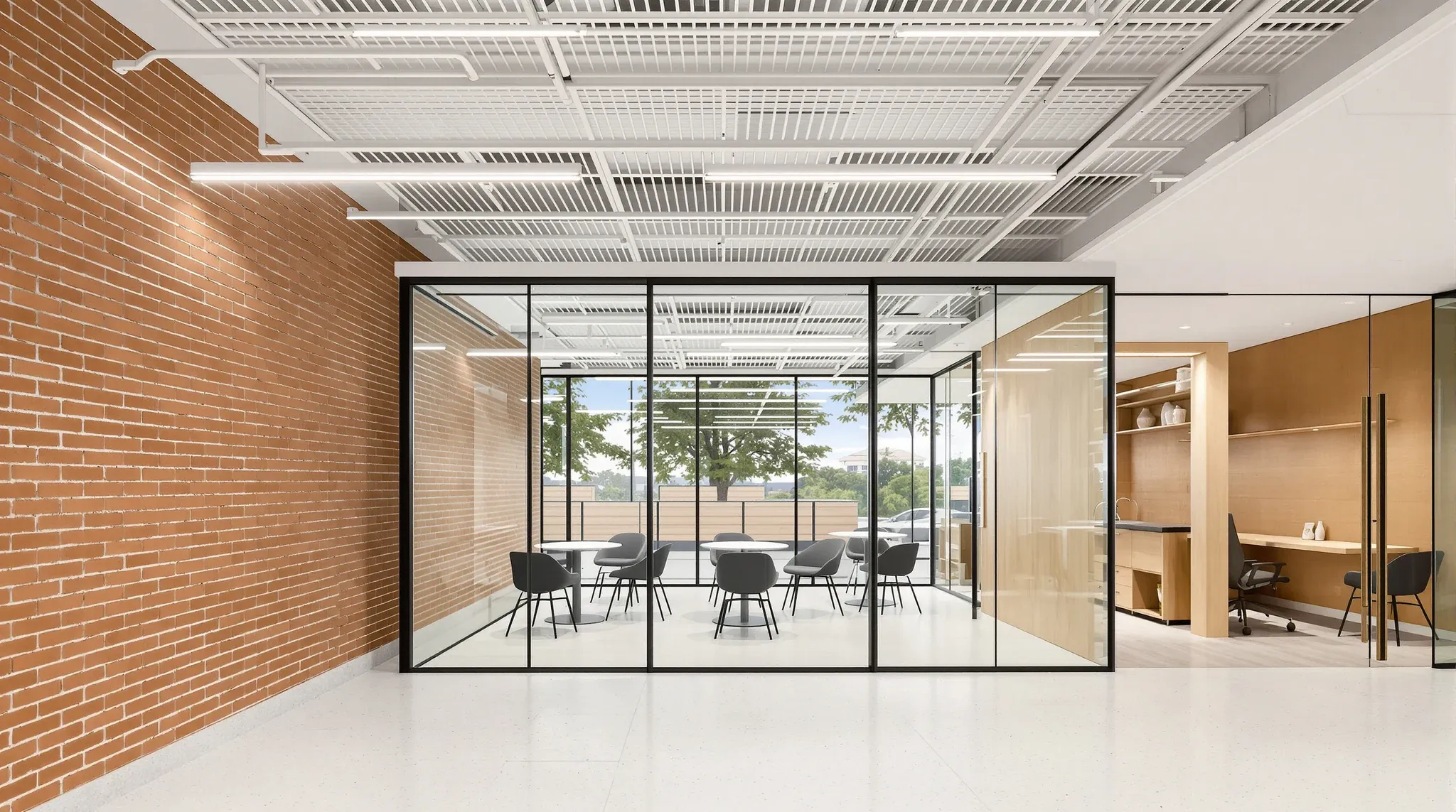 A well-finished office floor combining brick, glass and timber joinery done well