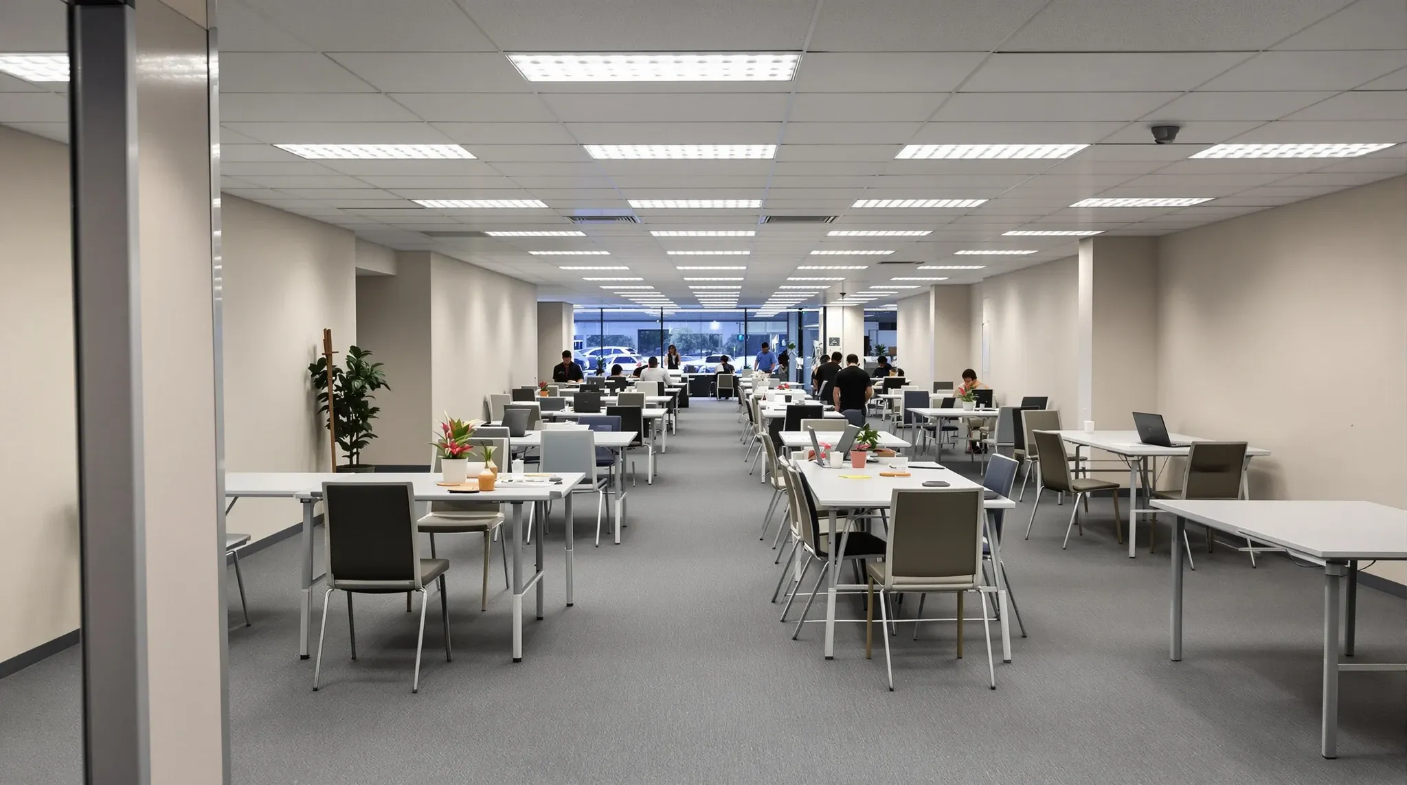 A plain temporary office with basic tables on a vacant floor, used while the main office is rebuilt