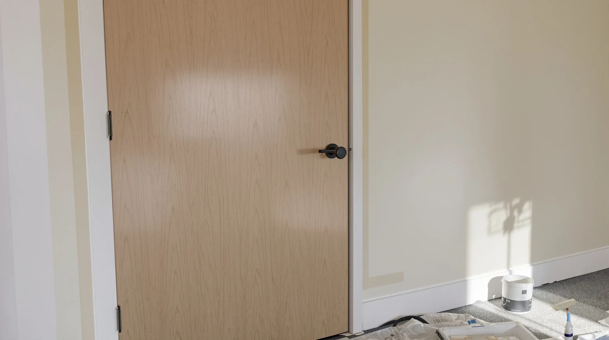 A new timber door and black lever handle in an older repainted door frame during an office refresh