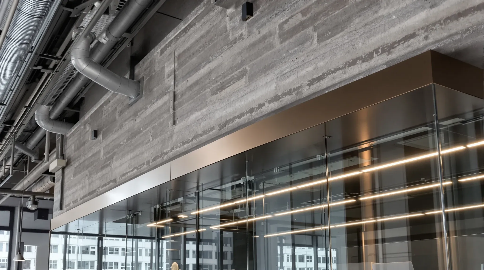A glass office under an exposed dark ceiling, its head fixed to a steel bulkhead dropped from the slab