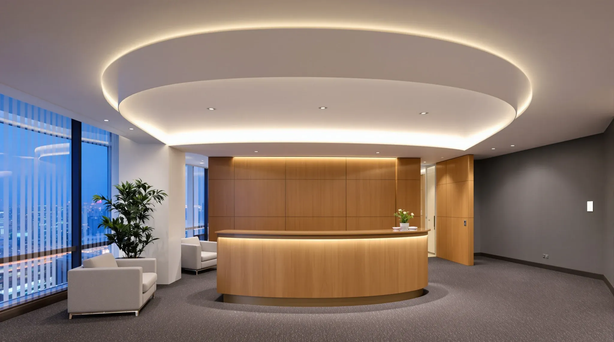 An empty office reception at dusk with a curved plasterboard ceiling edged by a warm cove light