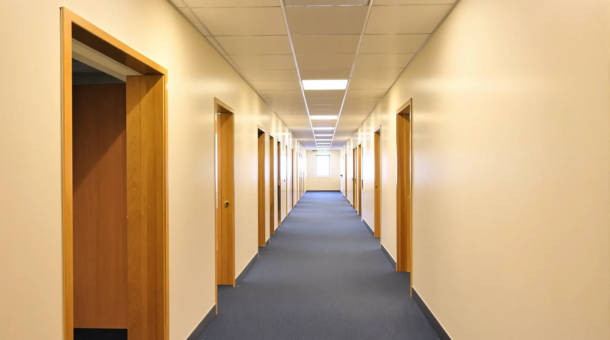 A long corridor of small empty private offices in a vacated office fitout